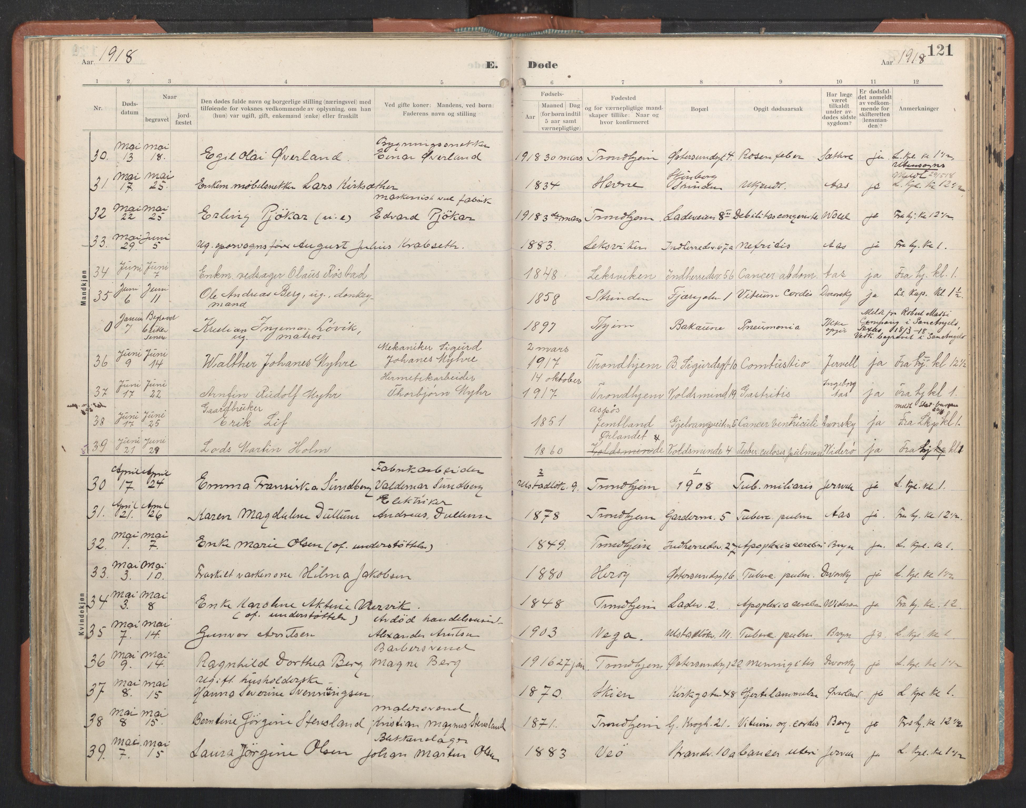 Ministerialprotokoller, klokkerbøker og fødselsregistre - Sør-Trøndelag, AV/SAT-A-1456/605/L0245: Ministerialbok nr. 605A07, 1916-1938, s. 121