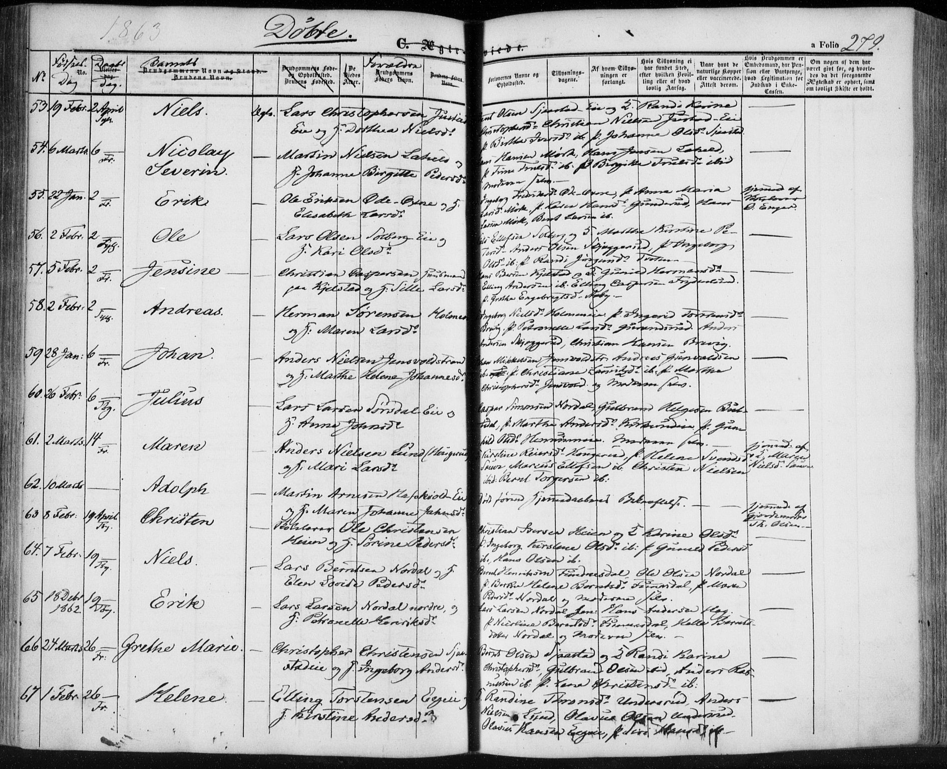 Lier kirkebøker, AV/SAKO-A-230/F/Fa/L0012: Ministerialbok nr. I 12, 1854-1864, s. 279