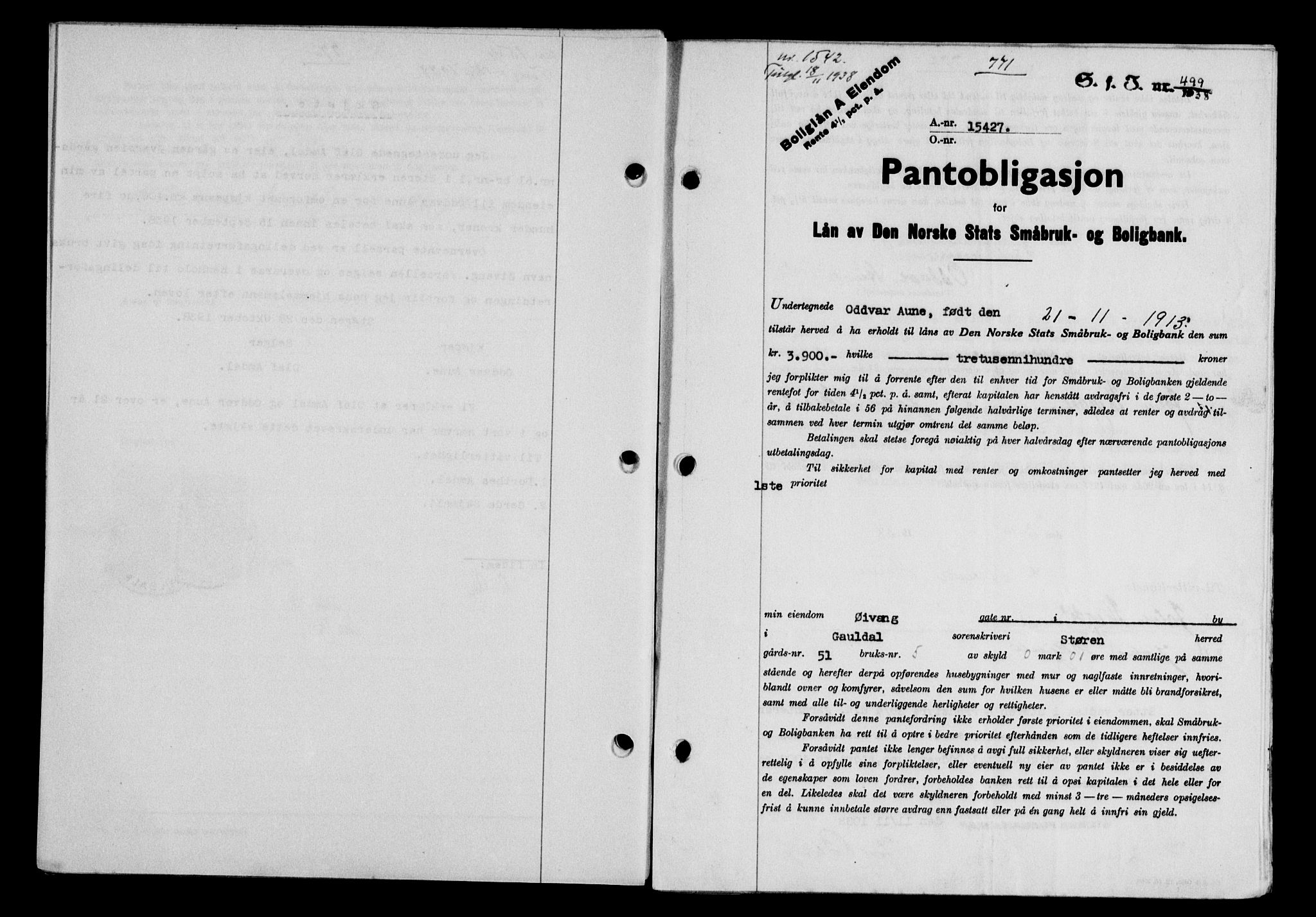 Gauldal sorenskriveri, SAT/A-0014/1/2/2C/L0049: Pantebok nr. 53, 1938-1938, Dagboknr: 1542/1938