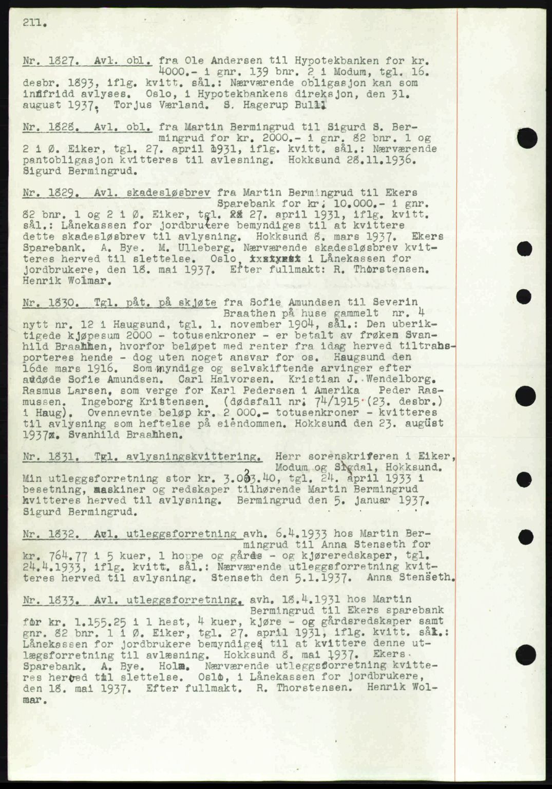 Eiker, Modum og Sigdal sorenskriveri, SAKO/A-123/G/Ga/Gab/L0036: Pantebok nr. A6, 1937-1937, Dagboknr: 1827/1937
