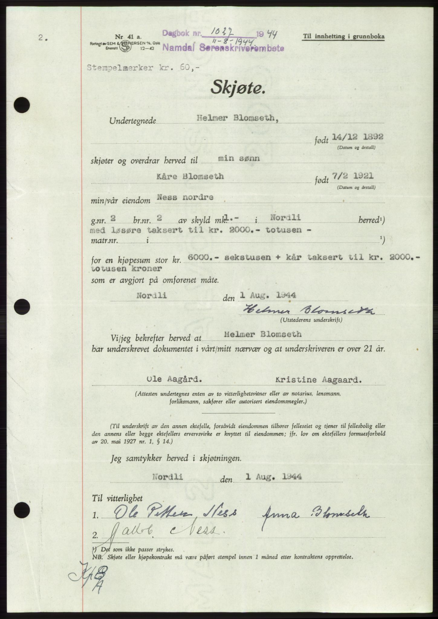 Namdal sorenskriveri, SAT/A-4133/1/2/2C: Pantebok nr. -, 1944-1945, Dagboknr: 1027/1944
