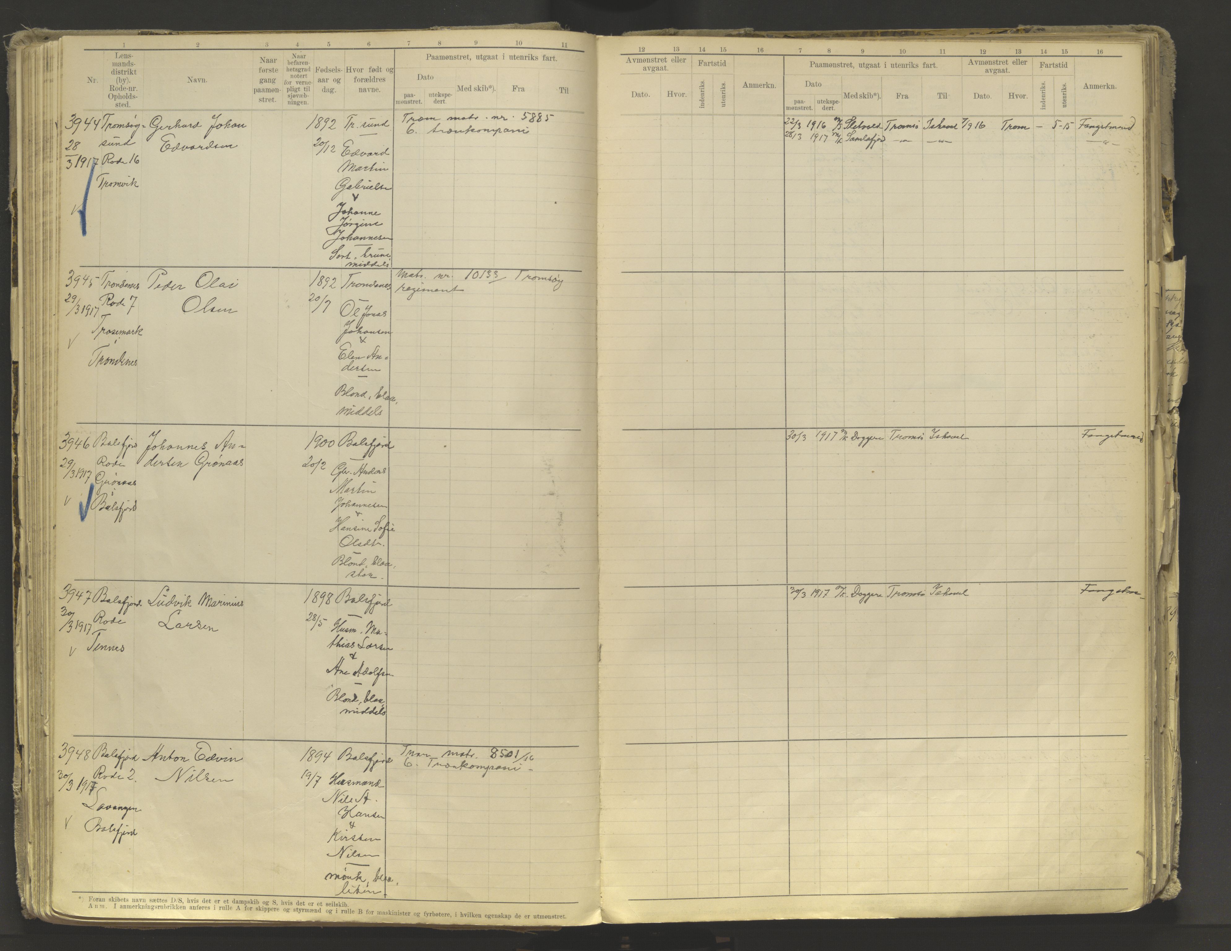 Tromsø sjømannskontor/innrullerings-/mønstringsdistrikt, AV/SATØ-S-0243/F/Fb/L0010: Annotasjonsrulle. Defekt: løs innbinding. Nr. 3519-4972, 1916-1920