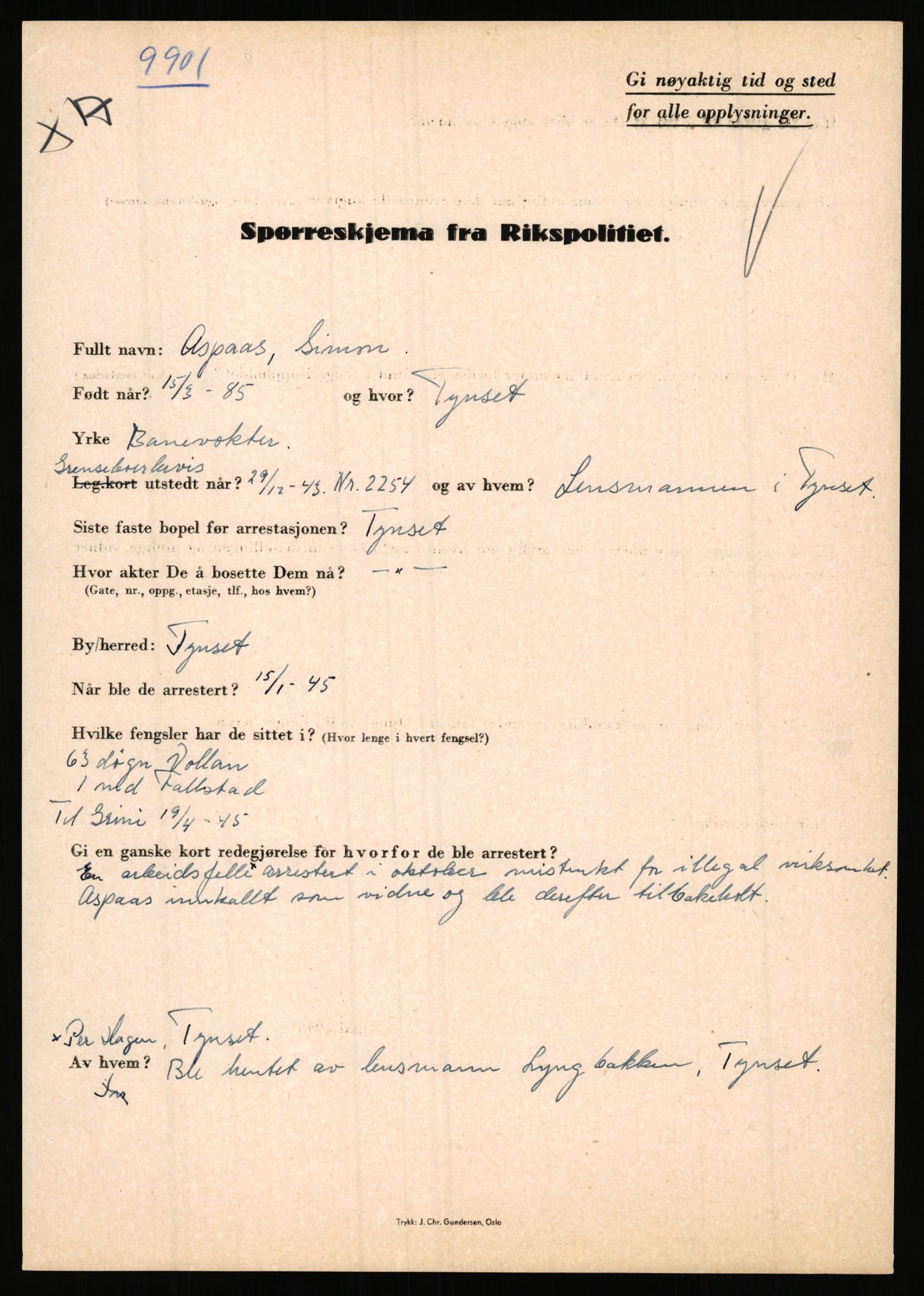 Rikspolitisjefen, AV/RA-S-1560/L/L0001: Abelseth, Rudolf - Berentsen, Odd, 1940-1945, s. 943