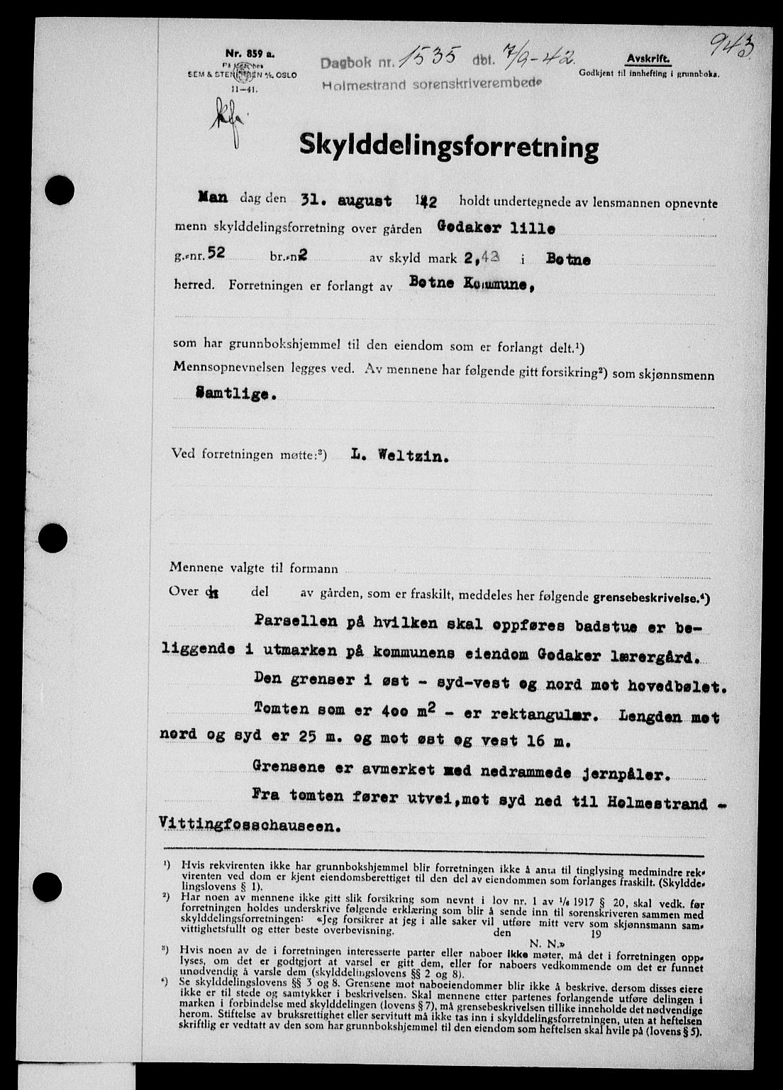 Holmestrand sorenskriveri, SAKO/A-67/G/Ga/Gaa/L0055: Pantebok nr. A-55, 1942-1942, Dagboknr: 1535/1942
