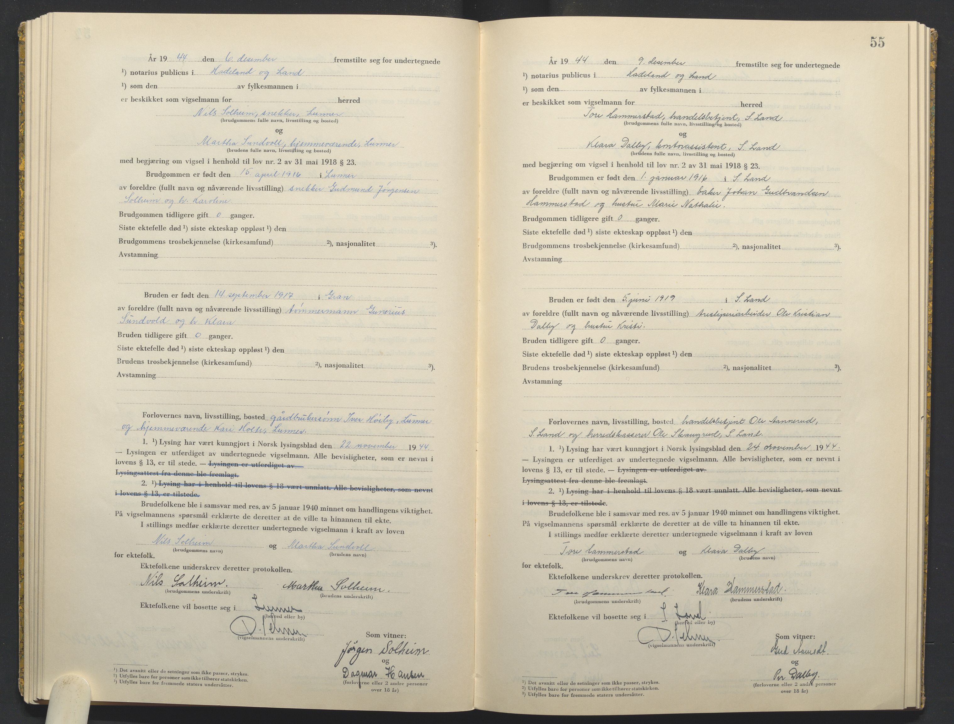 Hadeland og Land tingrett, AV/SAH-TING-010/L/Lb/L0003: Vigselbok, 1944-1946, s. 55