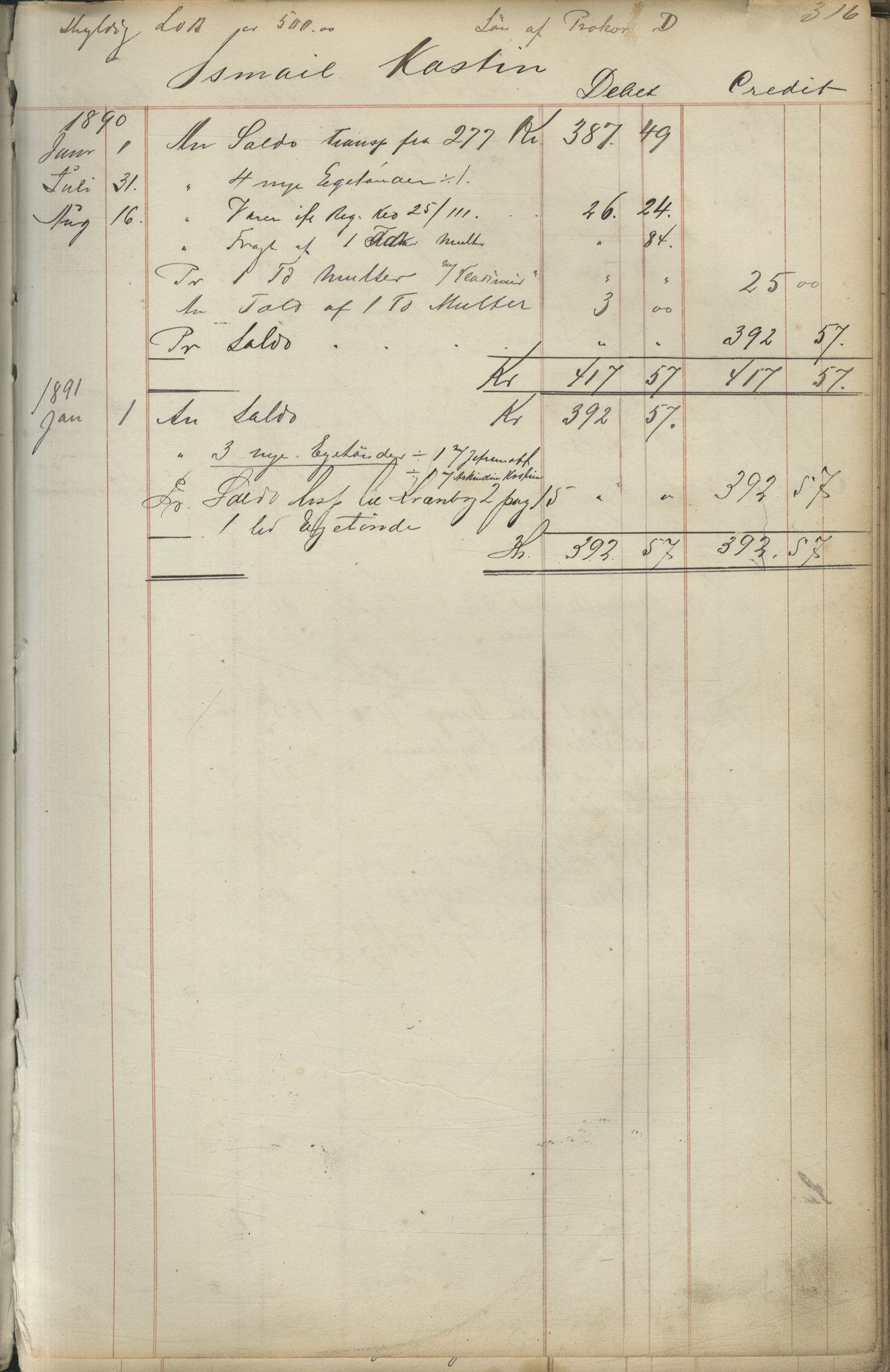 Brodtkorb handel A/S, VAMU/A-0001/F/Fc/L0001/0001: Konto for kvener og nordmenn på Kolahalvøya  / Conto for Kvæner og Nordmænd paa Russefinmarken No 1, 1868-1894, s. 316