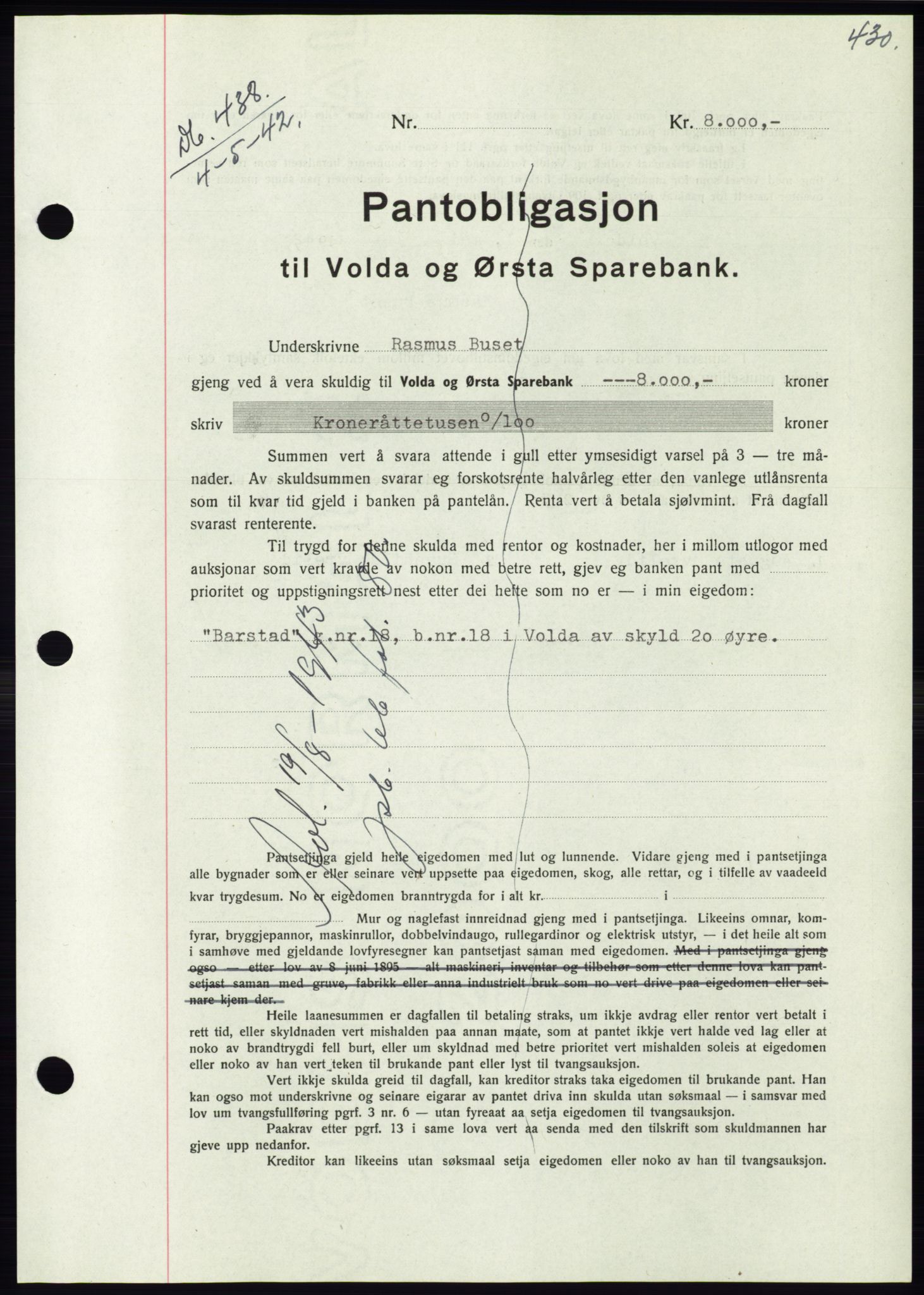 Søre Sunnmøre sorenskriveri, SAT/A-4122/1/2/2C/L0073: Pantebok nr. 67, 1941-1942, Dagboknr: 438/1942