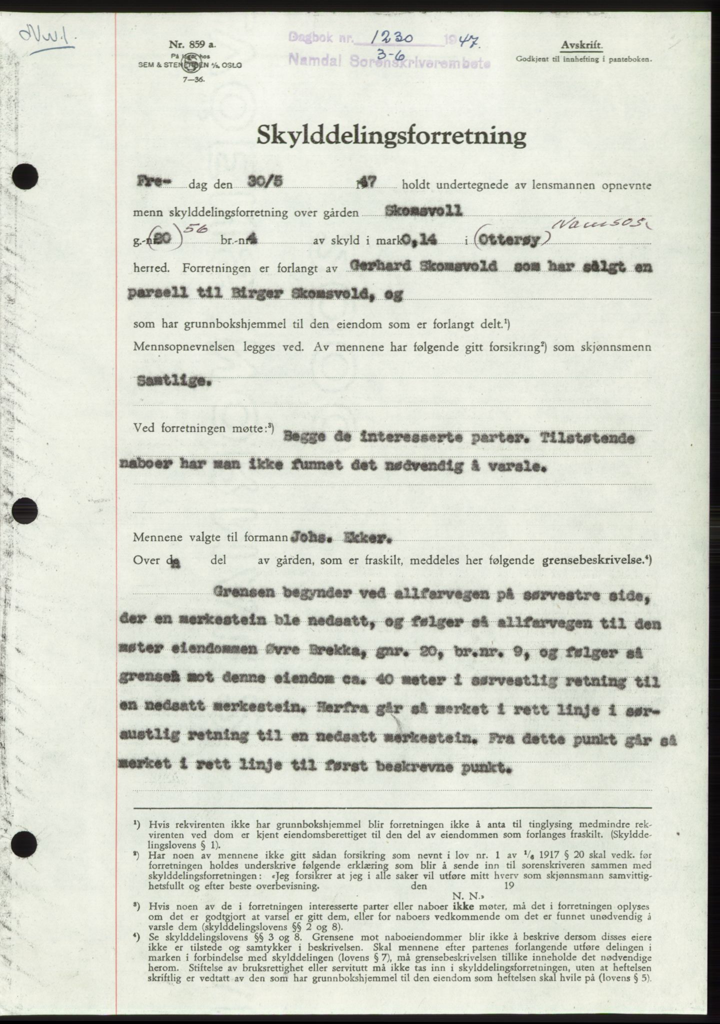 Namdal sorenskriveri, SAT/A-4133/1/2/2C: Pantebok nr. -, 1947-1947, Dagboknr: 1230/1947