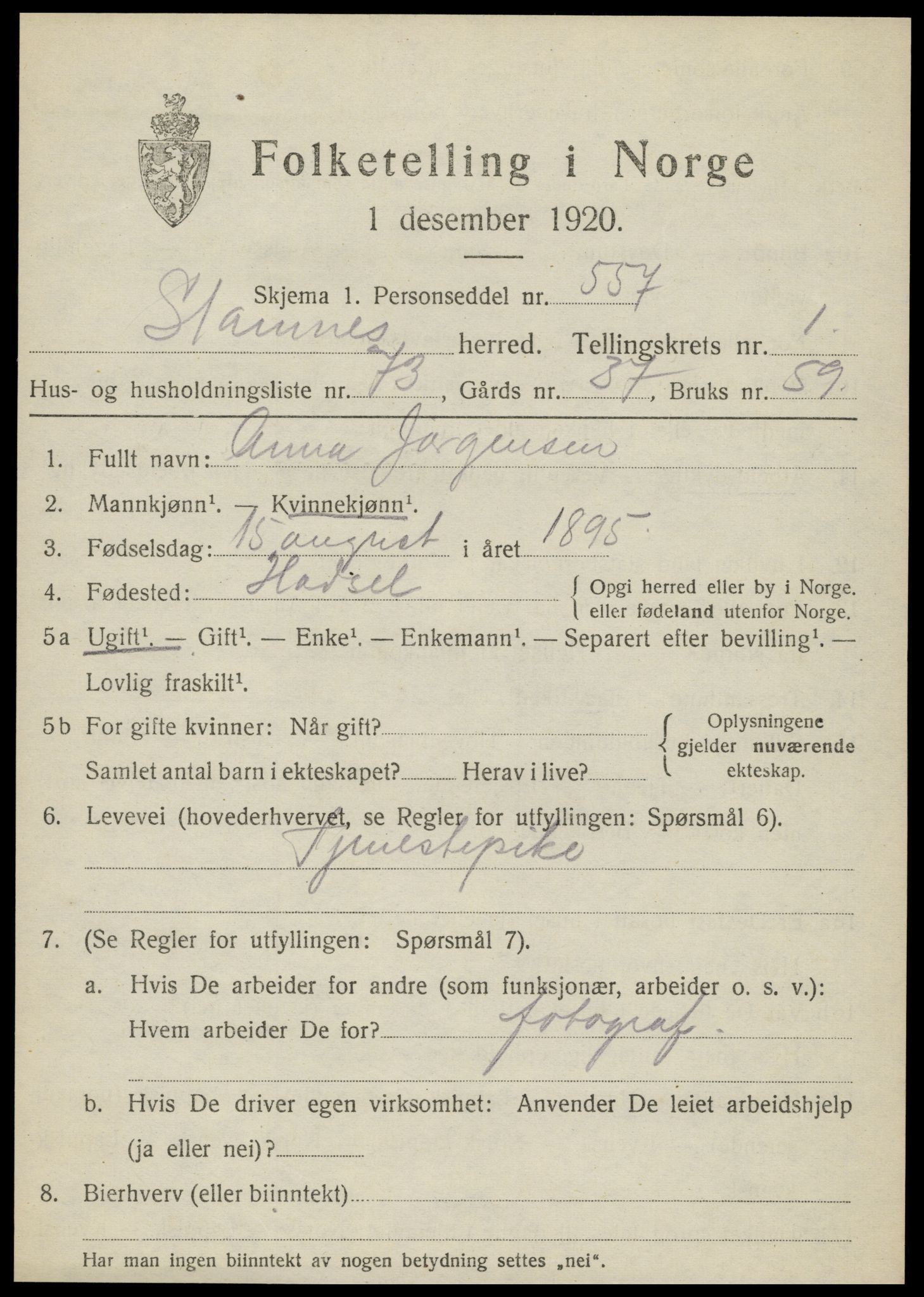 SAT, Folketelling 1920 for 1821 Stamnes herred, 1920, s. 1674