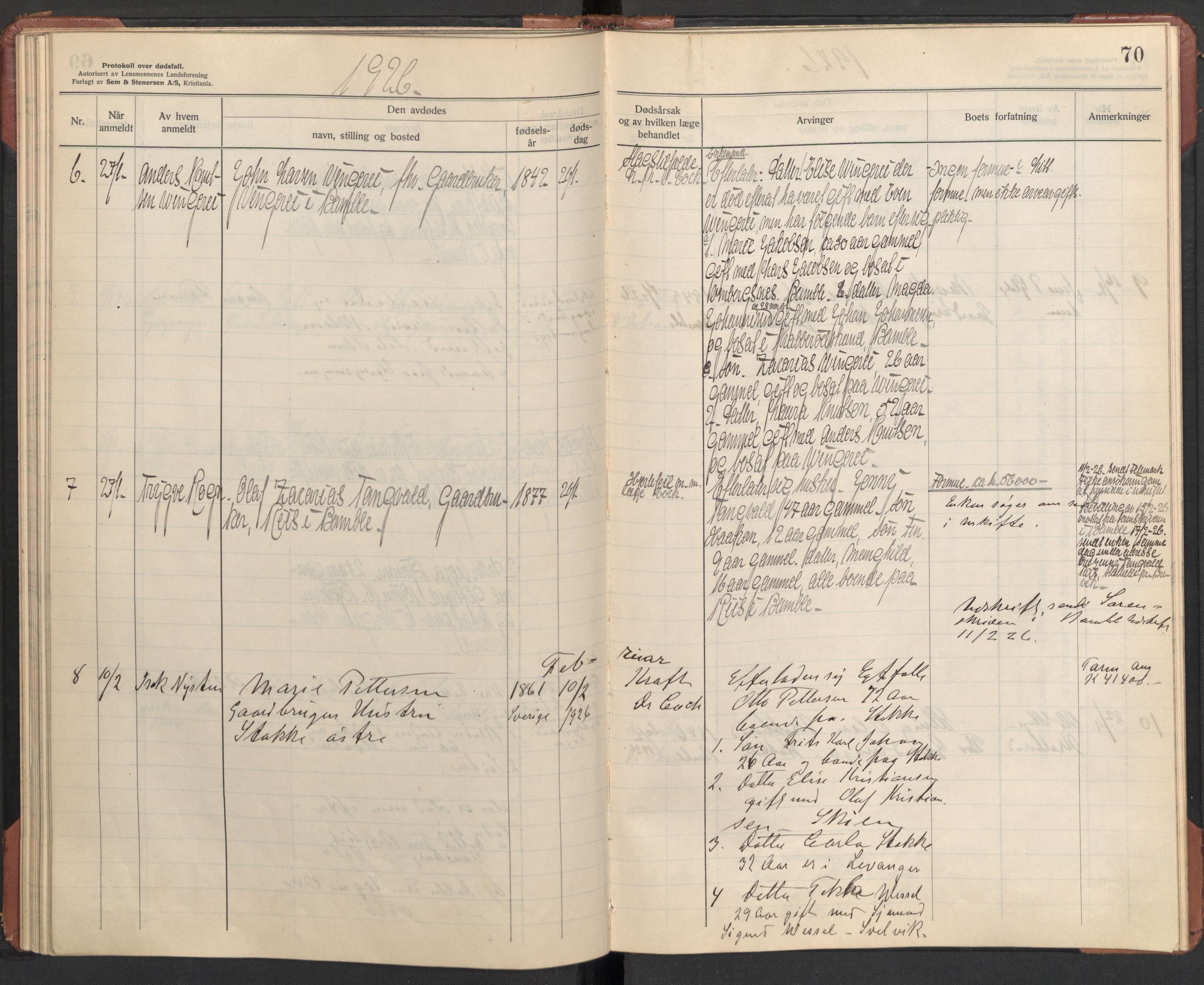 Bamble lensmannskontor, AV/SAKO-A-552/H/Ha/Haa/L0004: Dødsfallsprotokoll, 1923-1926, s. 70