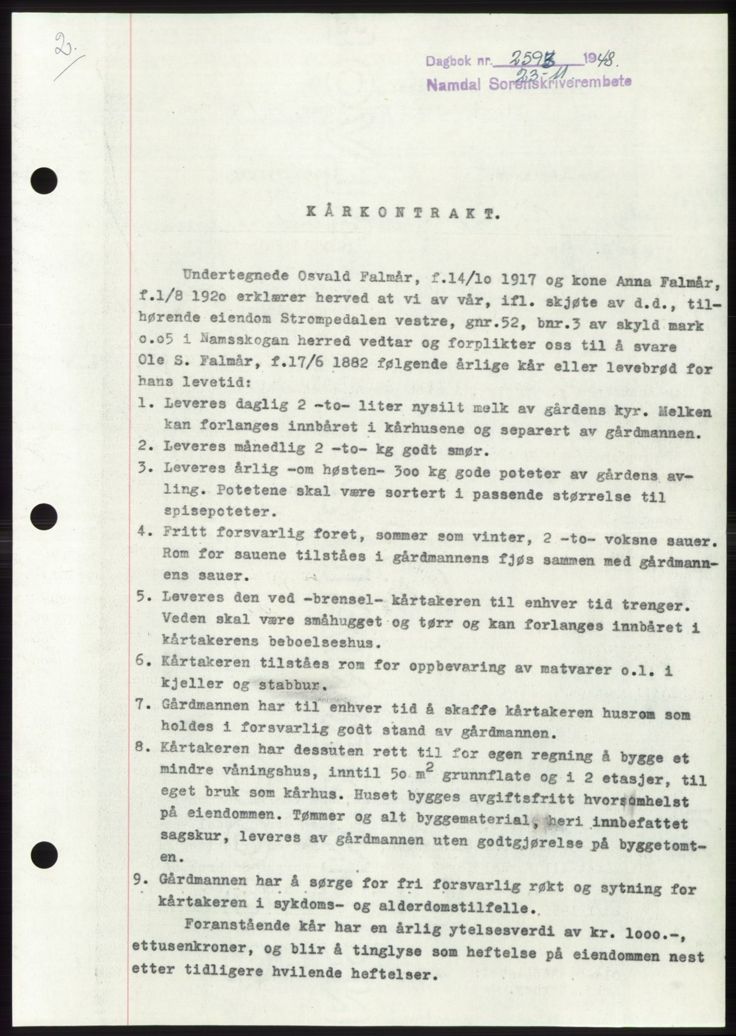 Namdal sorenskriveri, SAT/A-4133/1/2/2C: Pantebok nr. -, 1948-1948, Dagboknr: 2593/1948