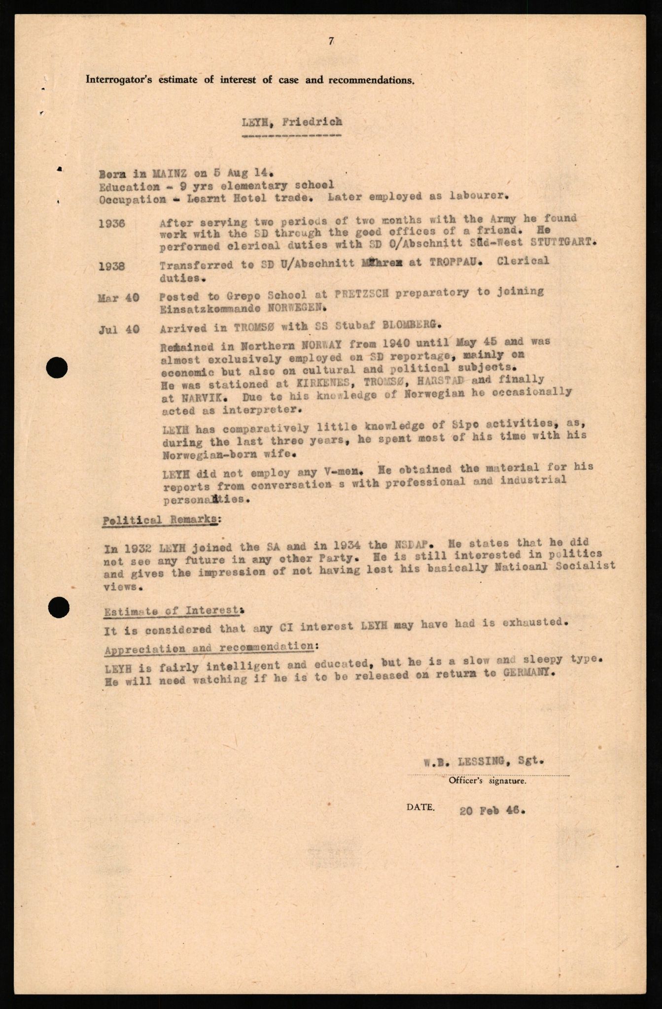 Forsvaret, Forsvarets overkommando II, AV/RA-RAFA-3915/D/Db/L0020: CI Questionaires. Tyske okkupasjonsstyrker i Norge. Tyskere., 1945-1946, s. 138