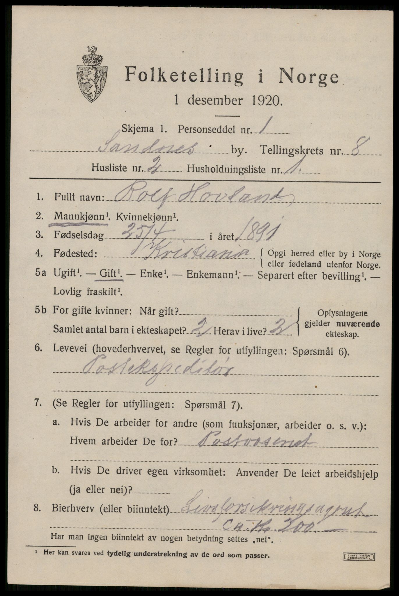 SAST, Folketelling 1920 for 1102 Sandnes ladested, 1920, s. 5790