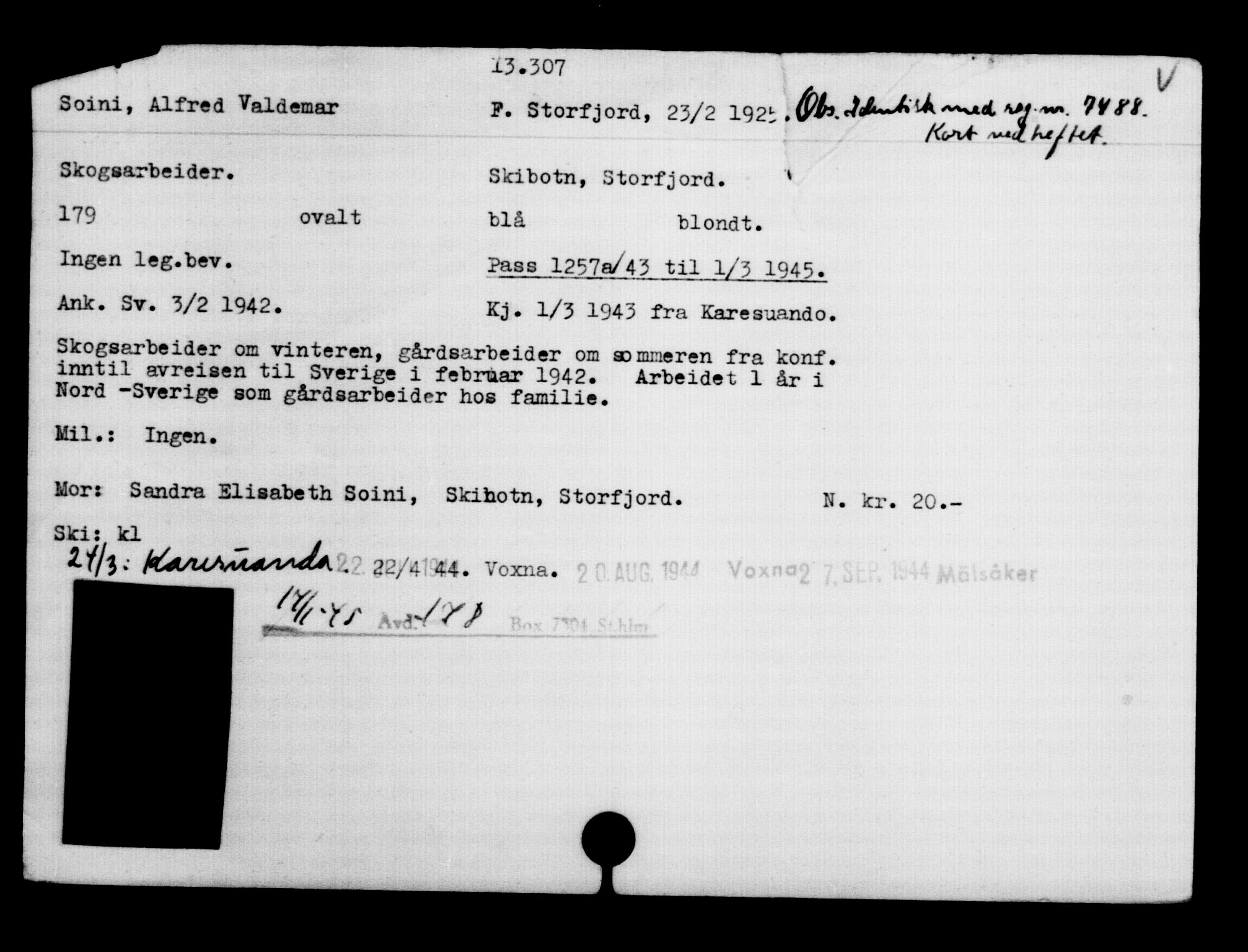 Den Kgl. Norske Legasjons Flyktningskontor, AV/RA-S-6753/V/Va/L0007: Kjesäterkartoteket.  Flyktningenr. 12700-15723, 1940-1945, s. 694