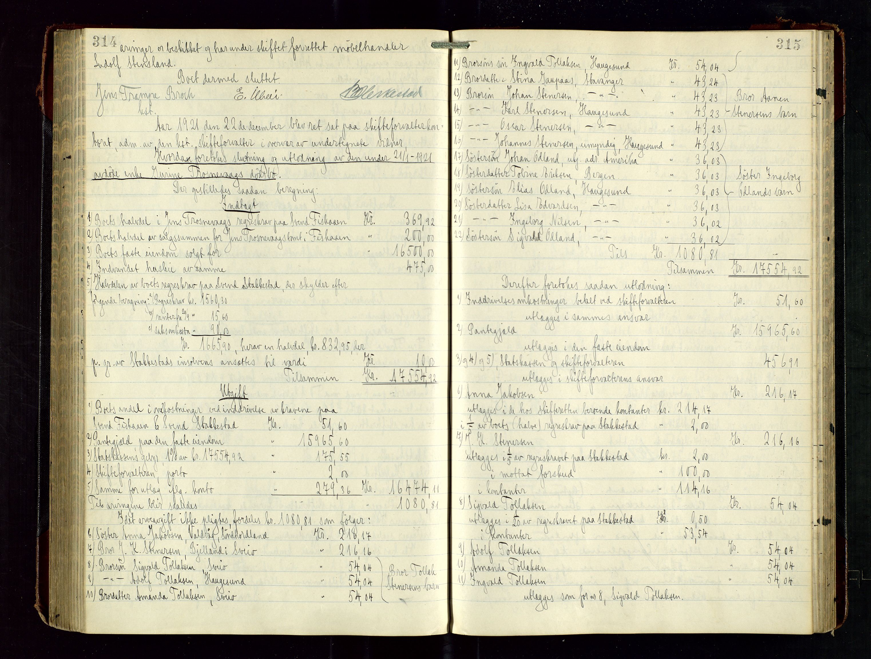 Haugesund tingrett, AV/SAST-A-101415/01/IV/IVD/L0003: Skifteutlodningsprotokoll, med register, 1915-1924, s. 314-315