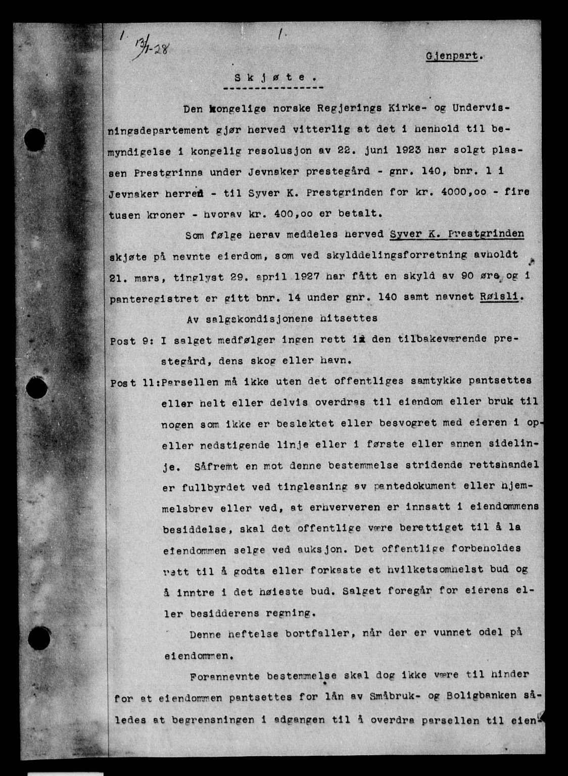 Hadeland og Land tingrett, AV/SAH-TING-010/H/Hb/Hba/L0051: Pantebok nr. 51, 1928-1928, s. 1