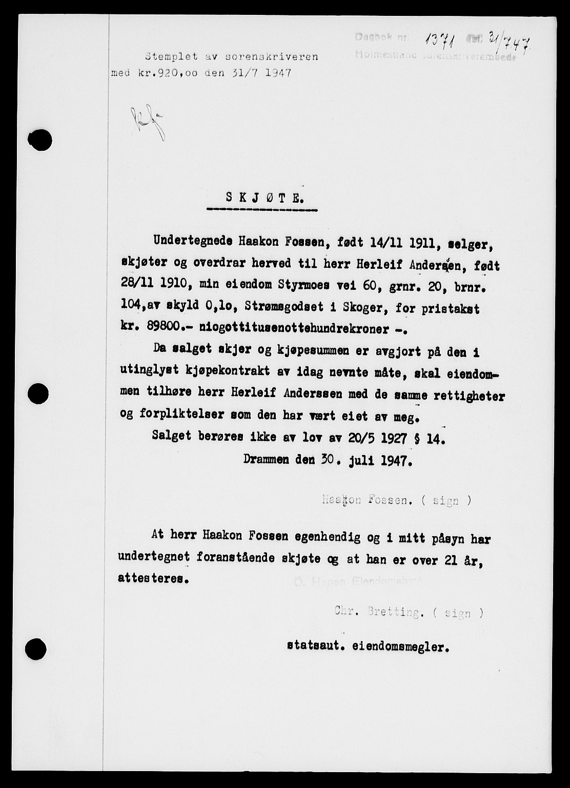 Holmestrand sorenskriveri, SAKO/A-67/G/Ga/Gaa/L0062: Pantebok nr. A-62, 1947-1947, Dagboknr: 1371/1947