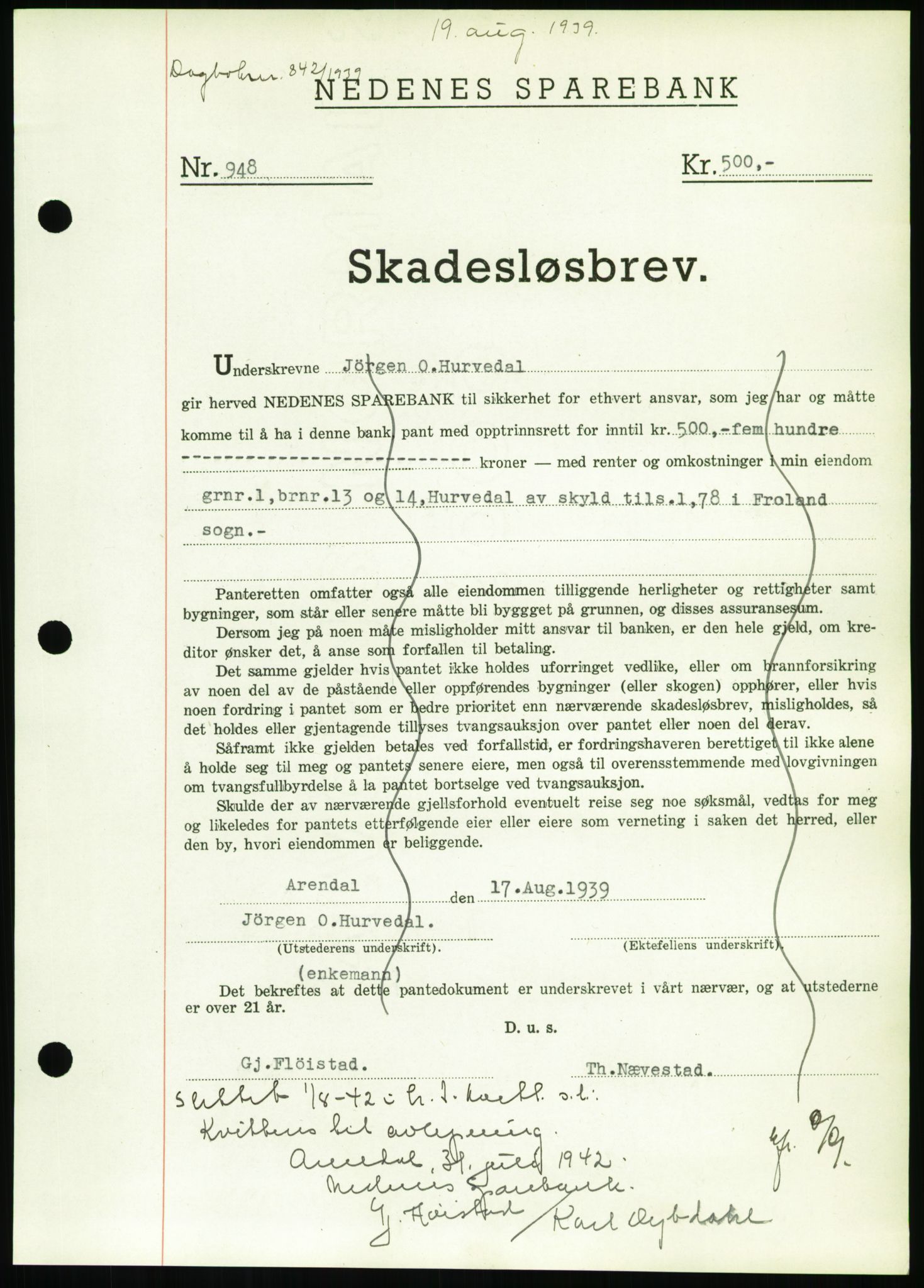 Nedenes sorenskriveri, SAK/1221-0006/G/Gb/Gbb/L0001: Pantebok nr. I, 1939-1942, Dagboknr: 842/1939