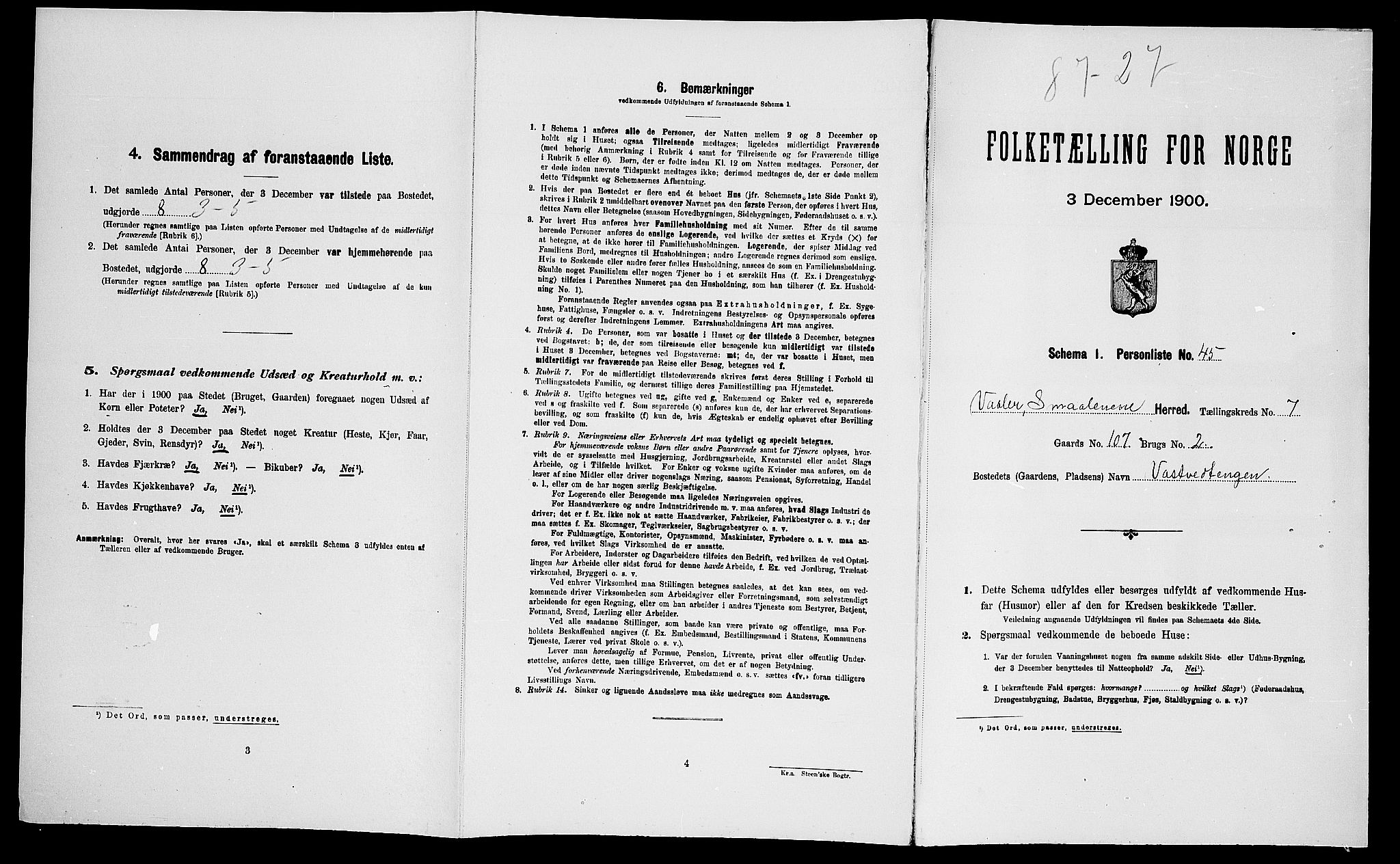 SAO, Folketelling 1900 for 0137 Våler herred, 1900