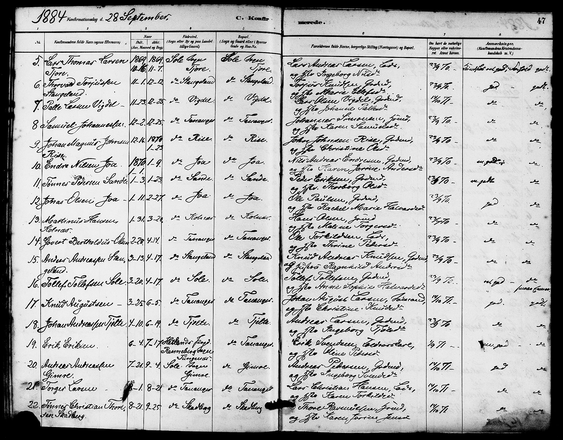 Håland sokneprestkontor, AV/SAST-A-101802/001/30BA/L0010: Ministerialbok nr. A 9, 1883-1888, s. 47