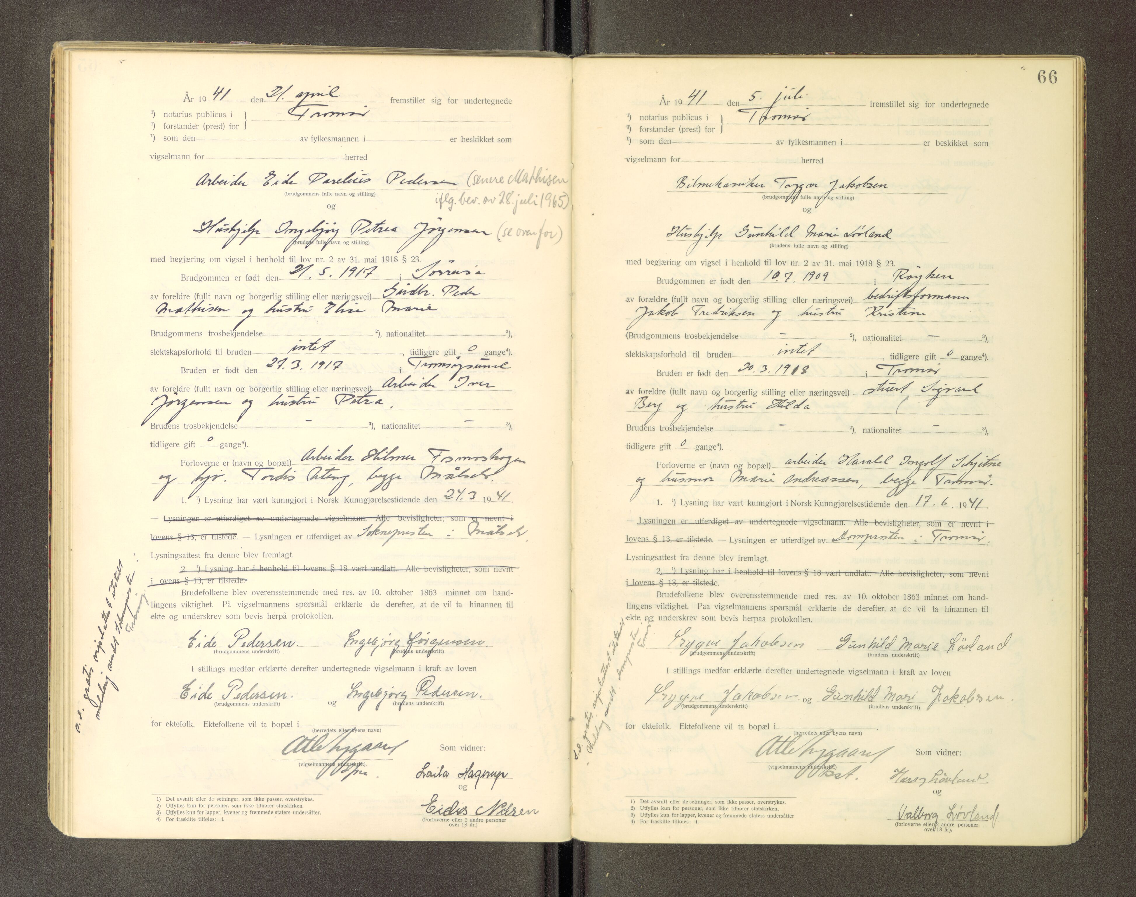 Tromsø byfogd/byrett, AV/SATØ-SATØ-0063/1/Ob/Obc/L0985: Vigselsbok, 1927-1942, s. 66
