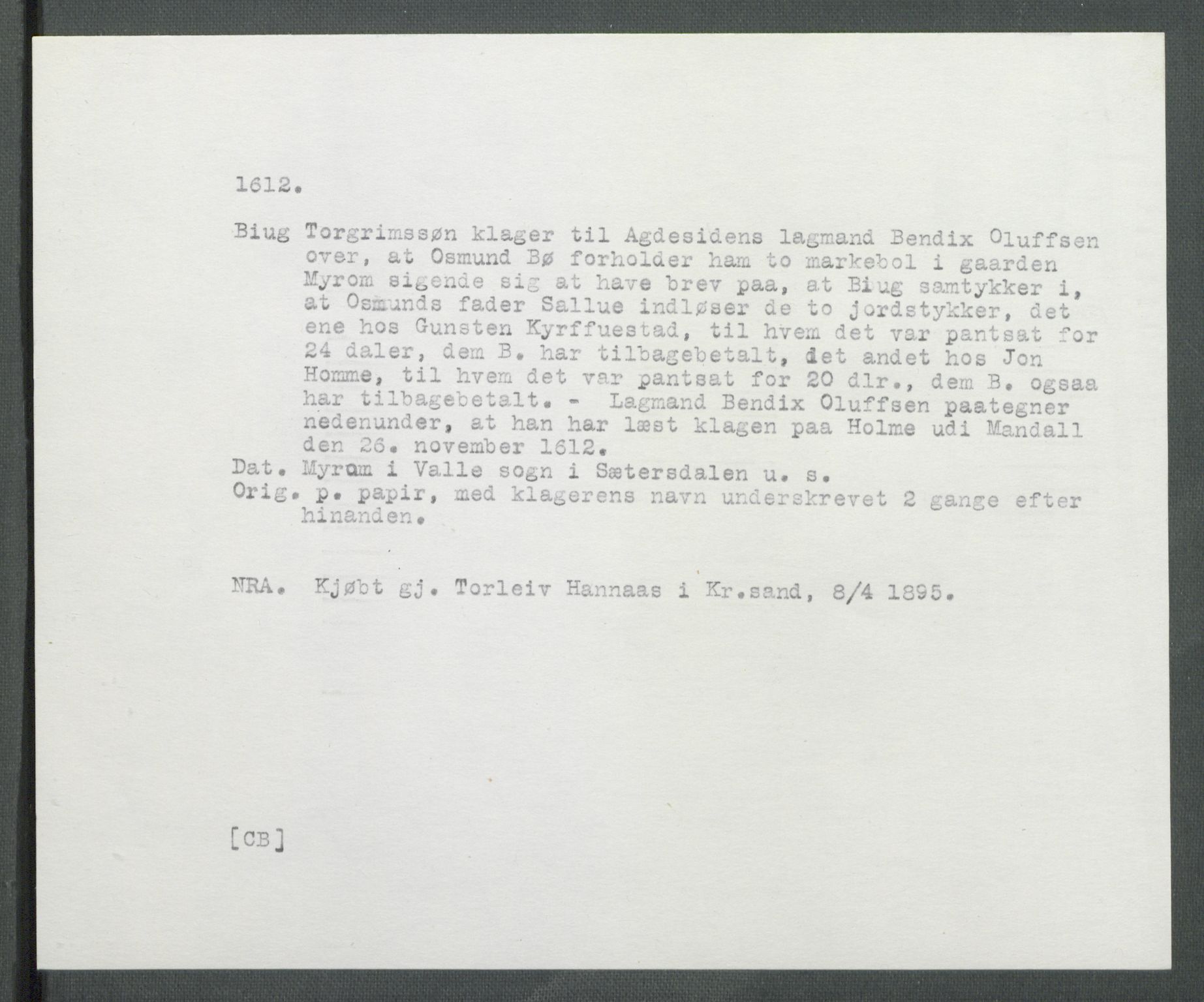 Riksarkivets diplomsamling, AV/RA-EA-5965/F02/L0121: Dokumenter, 1612, s. 61