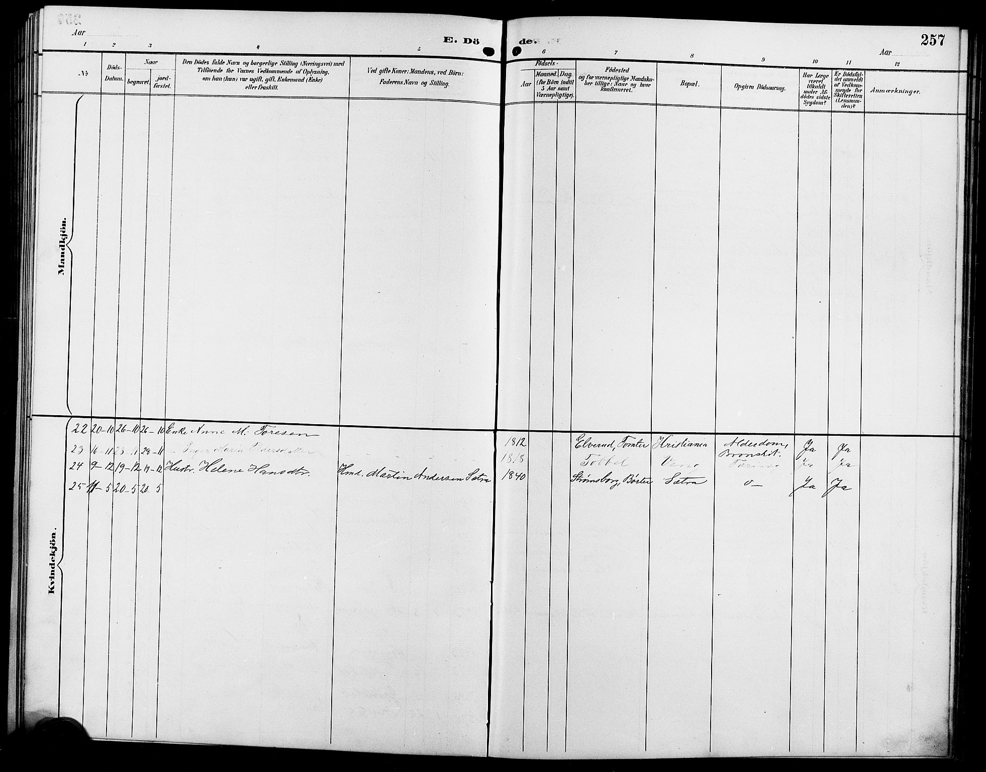 Enebakk prestekontor Kirkebøker, AV/SAO-A-10171c/G/Ga/L0006: Klokkerbok nr. I 6, 1889-1911, s. 257