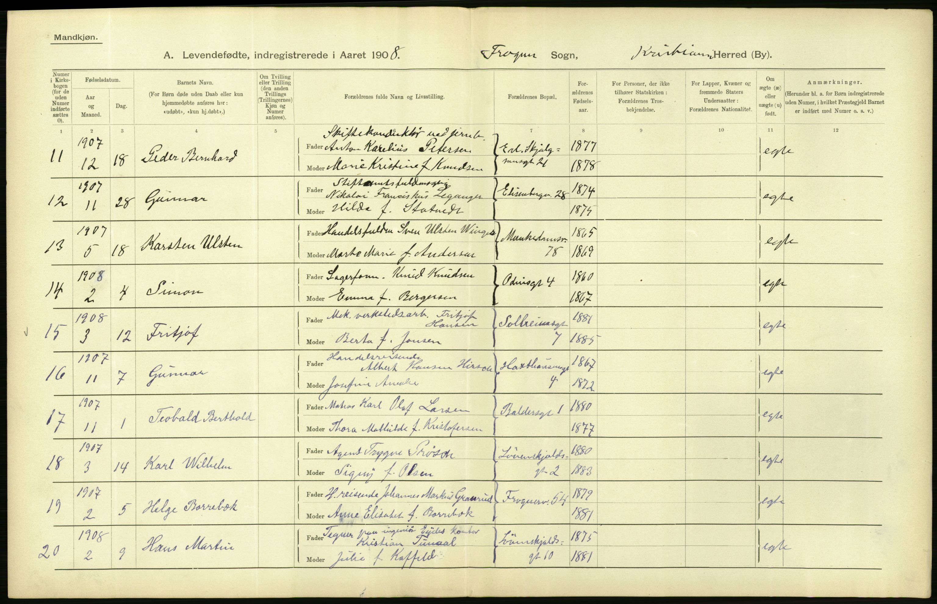 Statistisk sentralbyrå, Sosiodemografiske emner, Befolkning, AV/RA-S-2228/D/Df/Dfa/Dfaf/L0005: Kristiania: Levendefødte menn og kvinner., 1908, s. 558