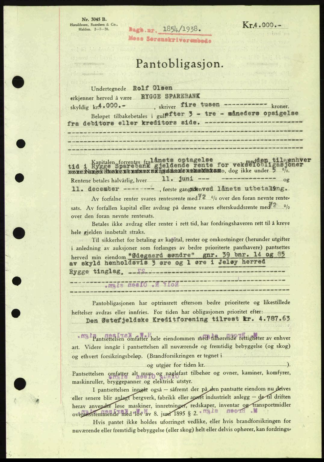 Moss sorenskriveri, SAO/A-10168: Pantebok nr. B6, 1938-1938, Dagboknr: 1854/1938