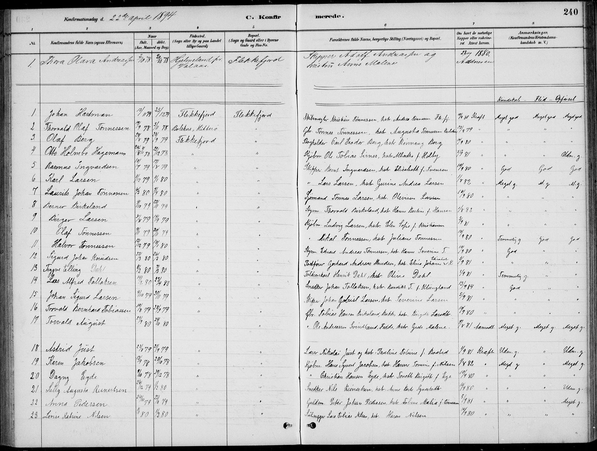 Flekkefjord sokneprestkontor, SAK/1111-0012/F/Fb/Fbc/L0007: Klokkerbok nr. B 7, 1880-1902, s. 240