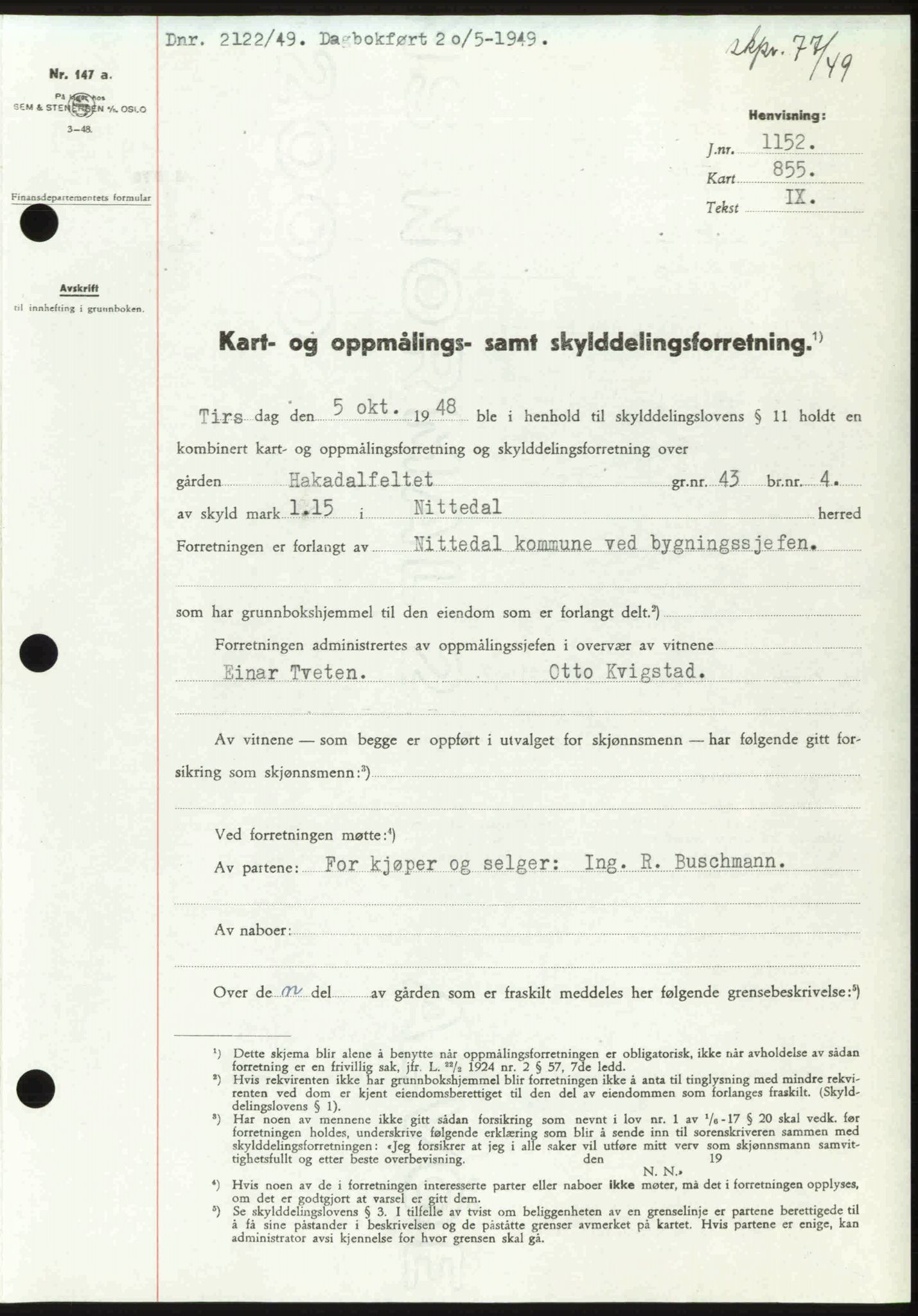 Nedre Romerike sorenskriveri, SAO/A-10469/G/Gb/Gbd/L0025: Pantebok nr. 25, 1949-1949, Dagboknr: 2122/1949