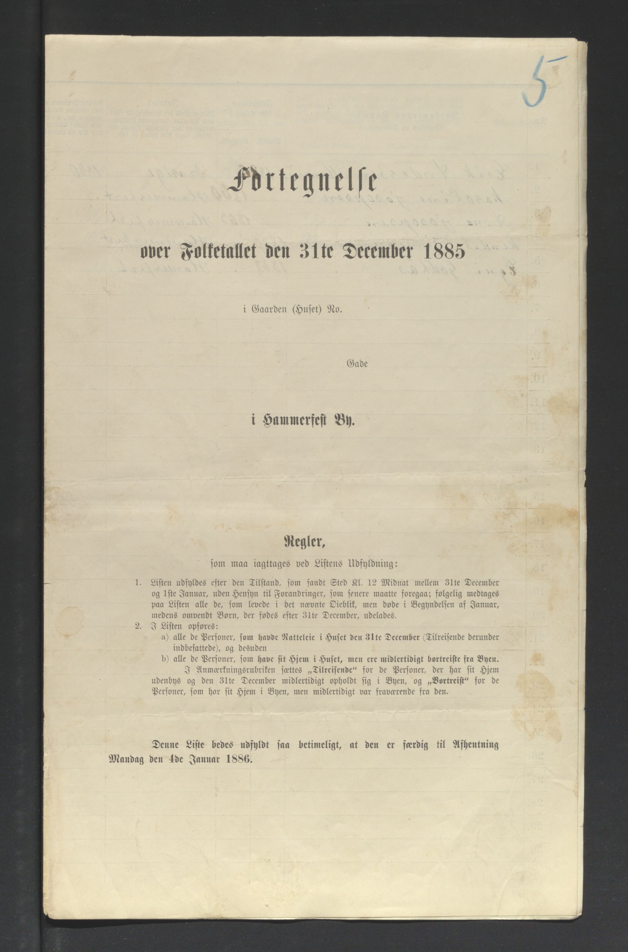 SATØ, Folketelling 1885 for 2001 Hammerfest kjøpstad, 1885, s. 5a