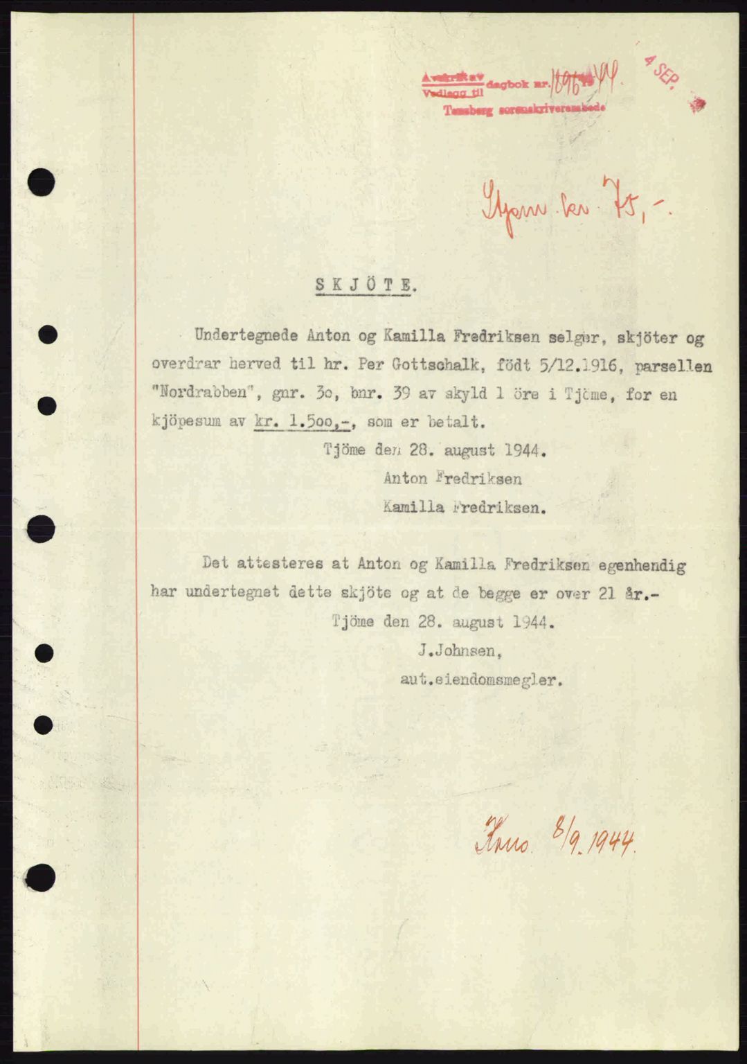 Tønsberg sorenskriveri, AV/SAKO-A-130/G/Ga/Gaa/L0016: Pantebok nr. A16, 1944-1945, Dagboknr: 1896/1944