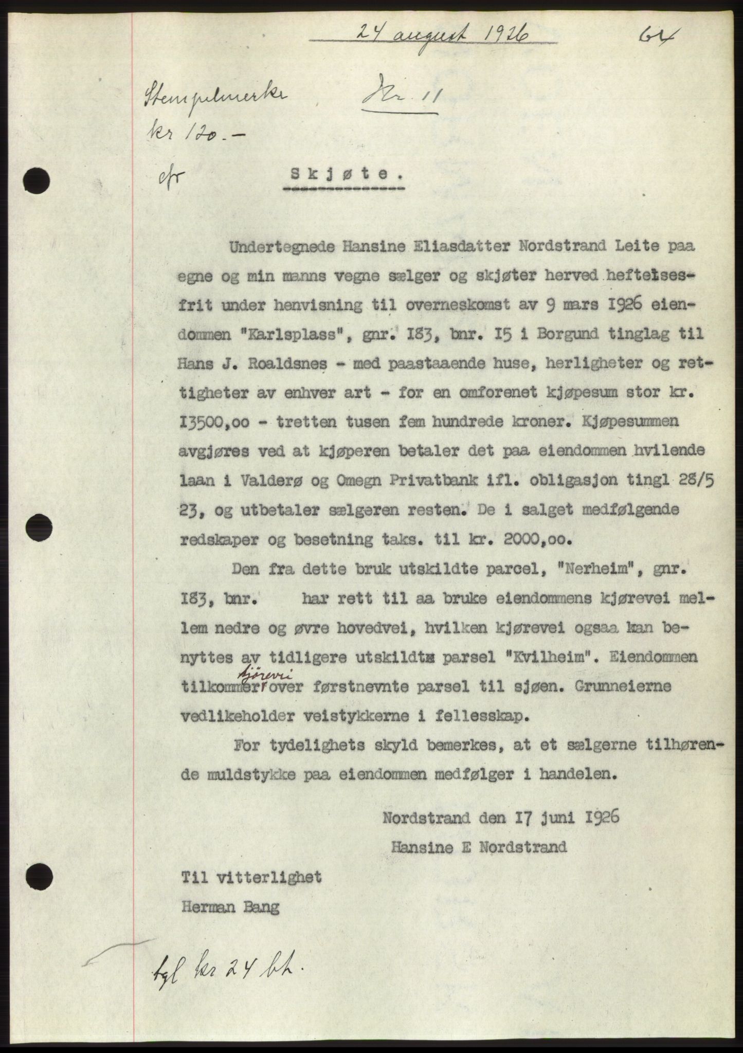 Nordre Sunnmøre sorenskriveri, AV/SAT-A-0006/1/2/2C/2Ca/L0035: Pantebok nr. 37, 1926-1926, Tingl.dato: 24.08.1926