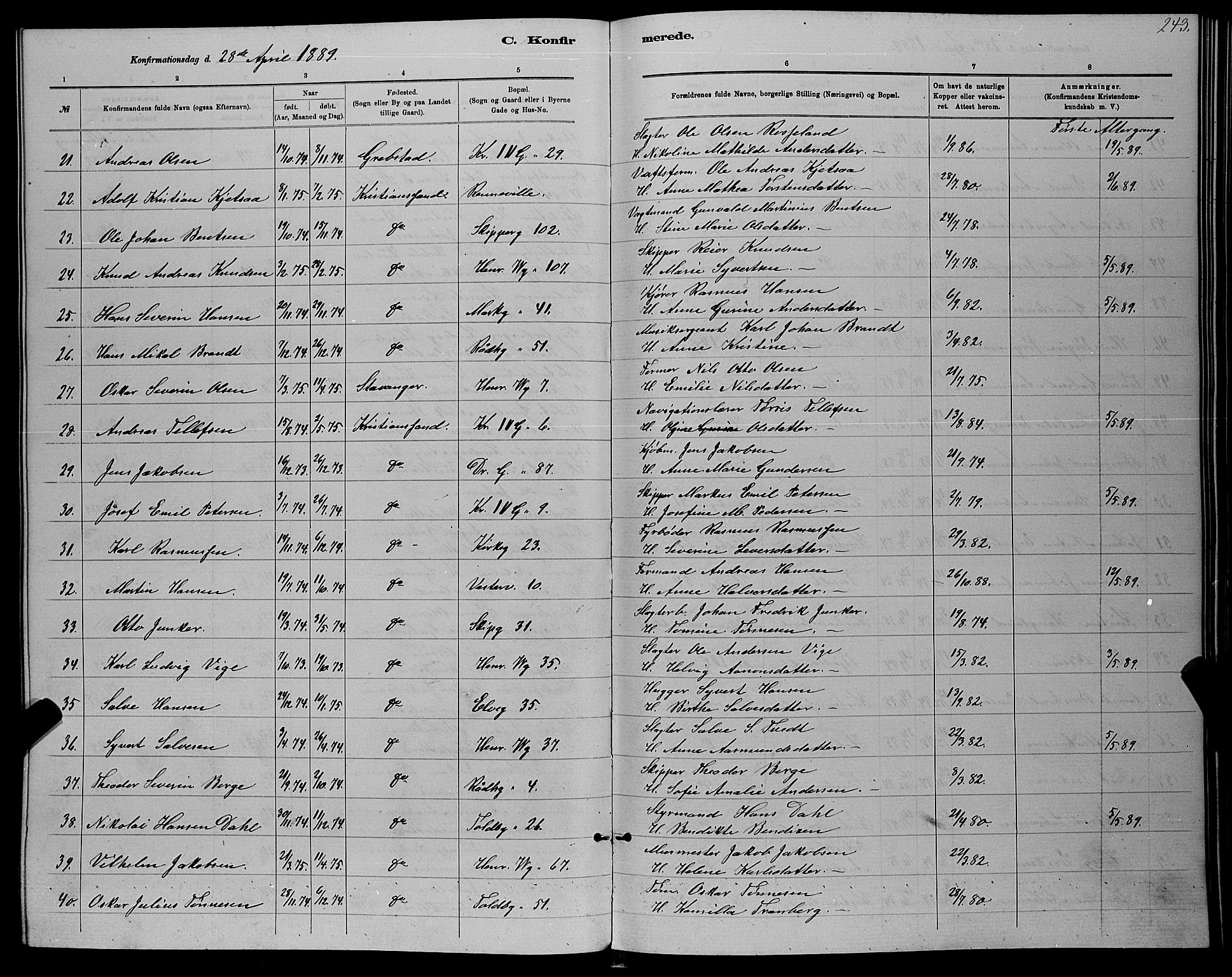 Kristiansand domprosti, AV/SAK-1112-0006/F/Fb/L0016: Klokkerbok nr. B 16, 1881-1893, s. 243