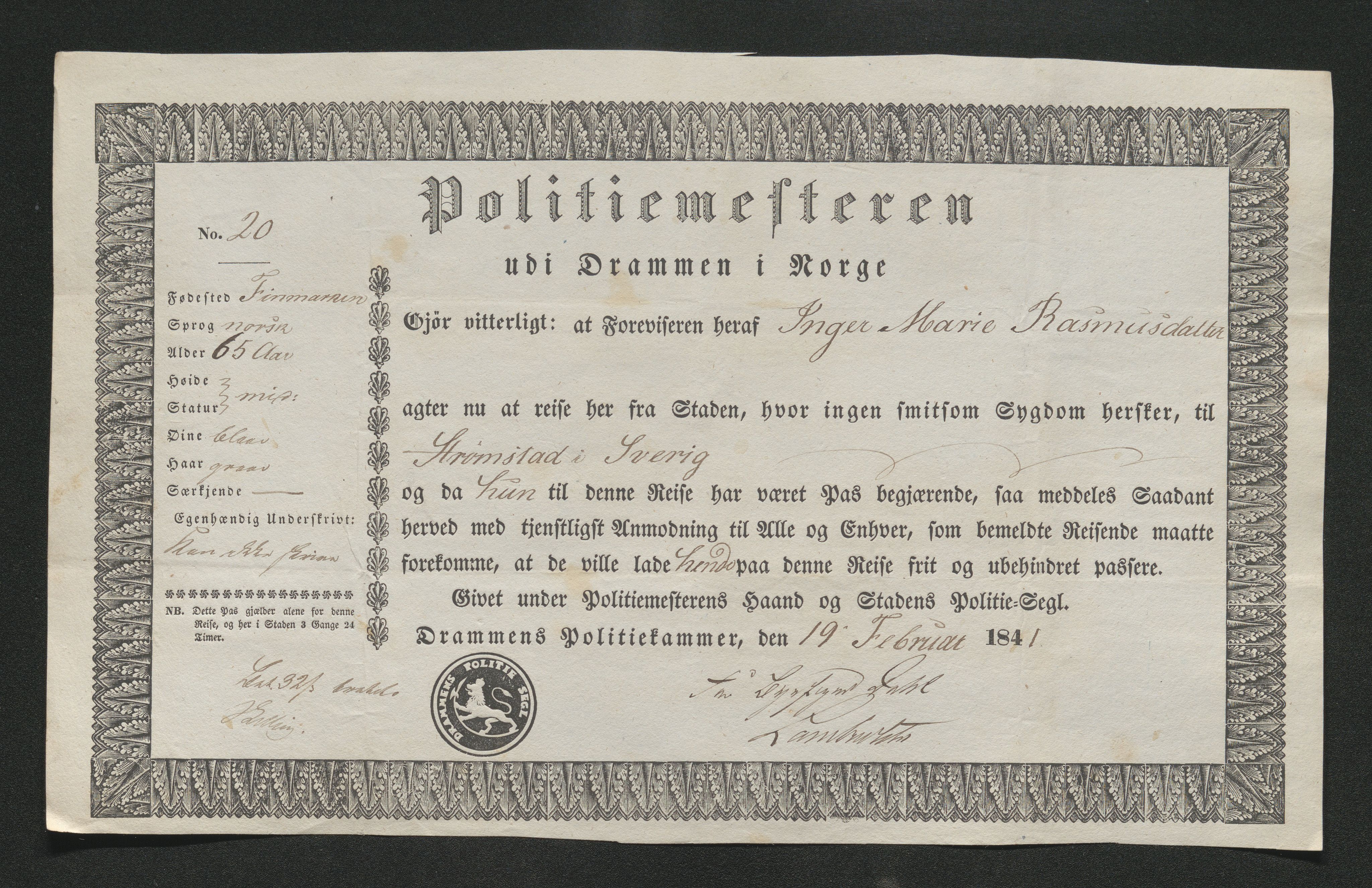 Drammen politikammer, AV/SAKO-A-623/I/Ia/Iab/L0006: Innleverte pass, 1841-1842, s. 114