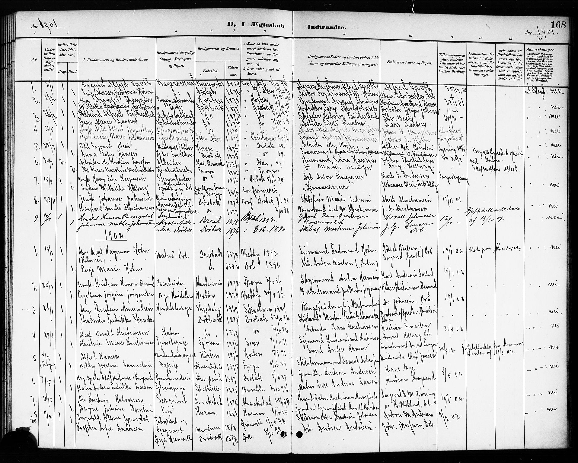 Drøbak prestekontor Kirkebøker, AV/SAO-A-10142a/G/Ga/L0001: Klokkerbok nr. I 1, 1897-1917, s. 168