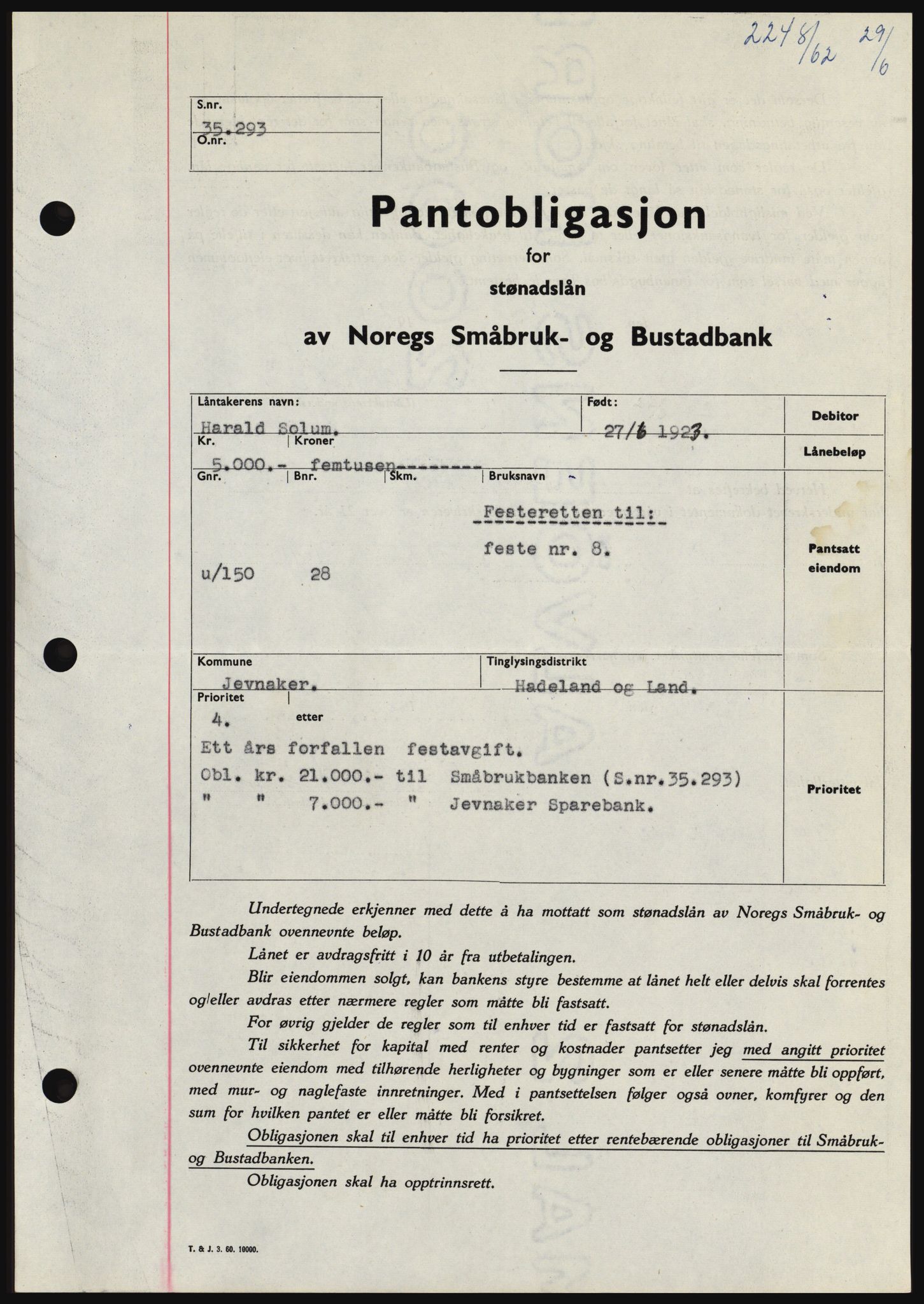 Hadeland og Land tingrett, SAH/TING-010/H/Hb/Hbc/L0048: Pantebok nr. B48, 1962-1962, Dagboknr: 2248/1962