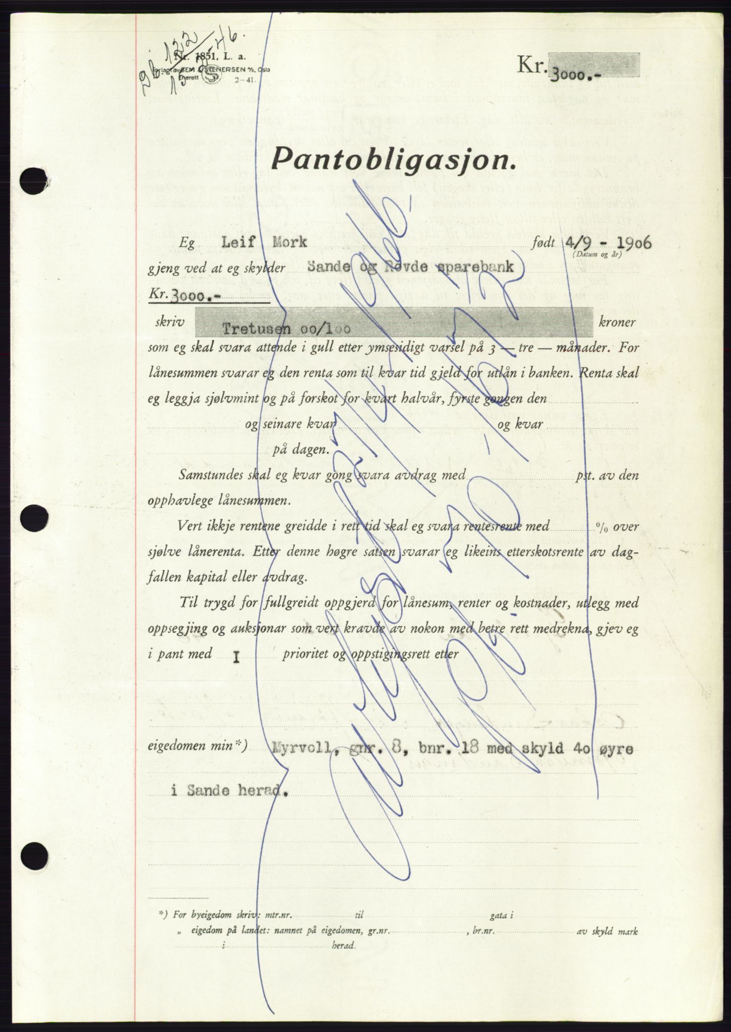 Søre Sunnmøre sorenskriveri, AV/SAT-A-4122/1/2/2C/L0114: Pantebok nr. 1-2B, 1943-1947, Dagboknr: 122/1946