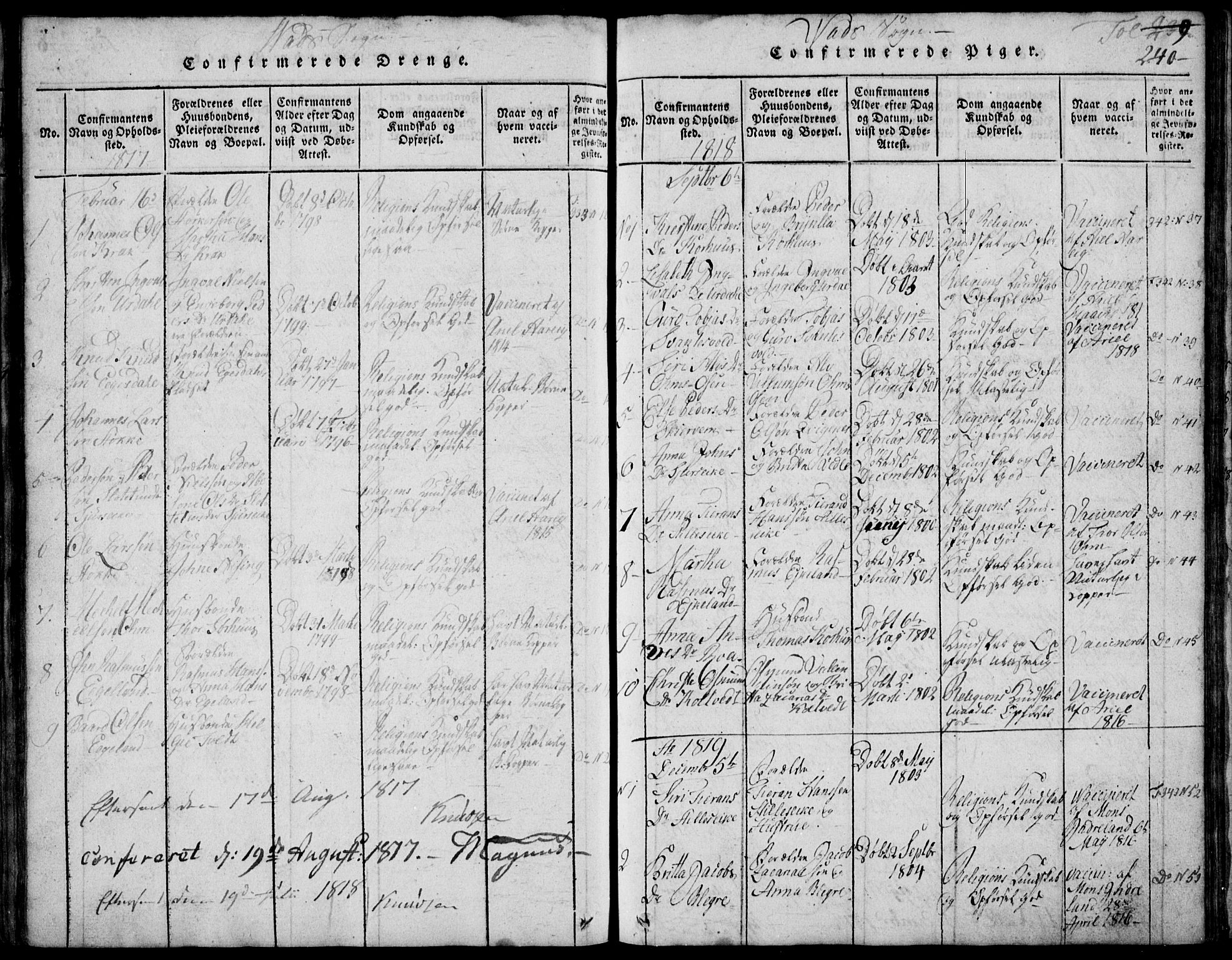 Skjold sokneprestkontor, AV/SAST-A-101847/H/Ha/Hab/L0002: Klokkerbok nr. B 2 /2, 1815-1830, s. 240