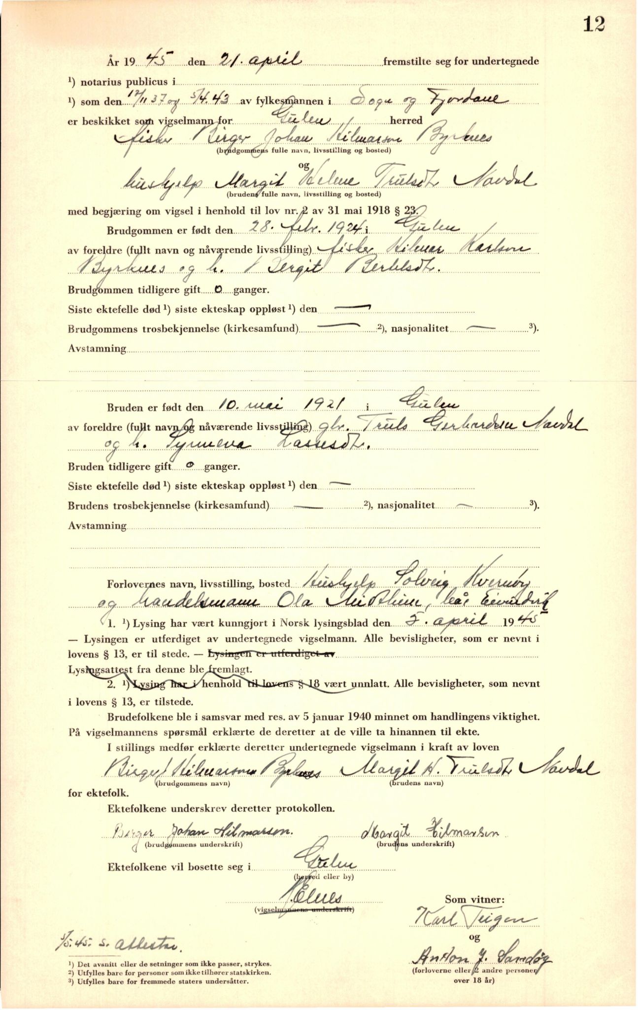 Ytre Sogn tingrett, AV/SAB-A-2601/1/M/Ma/L0003: Vigselsbok, 1943-1945, s. 12