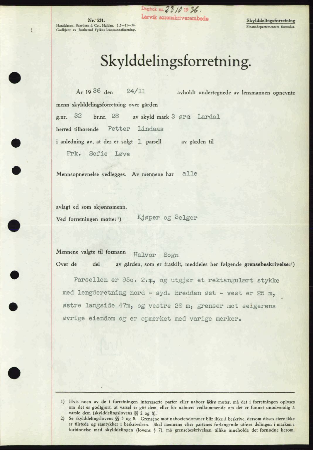 Larvik sorenskriveri, SAKO/A-83/G/Ga/Gab/L0067: Pantebok nr. A-1, 1936-1937, Dagboknr: 2310/1936