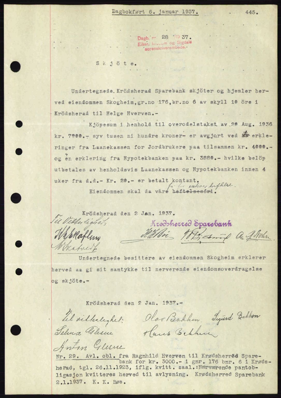 Eiker, Modum og Sigdal sorenskriveri, SAKO/A-123/G/Ga/Gab/L0034: Pantebok nr. A4, 1936-1937, Dagboknr: 28/1937