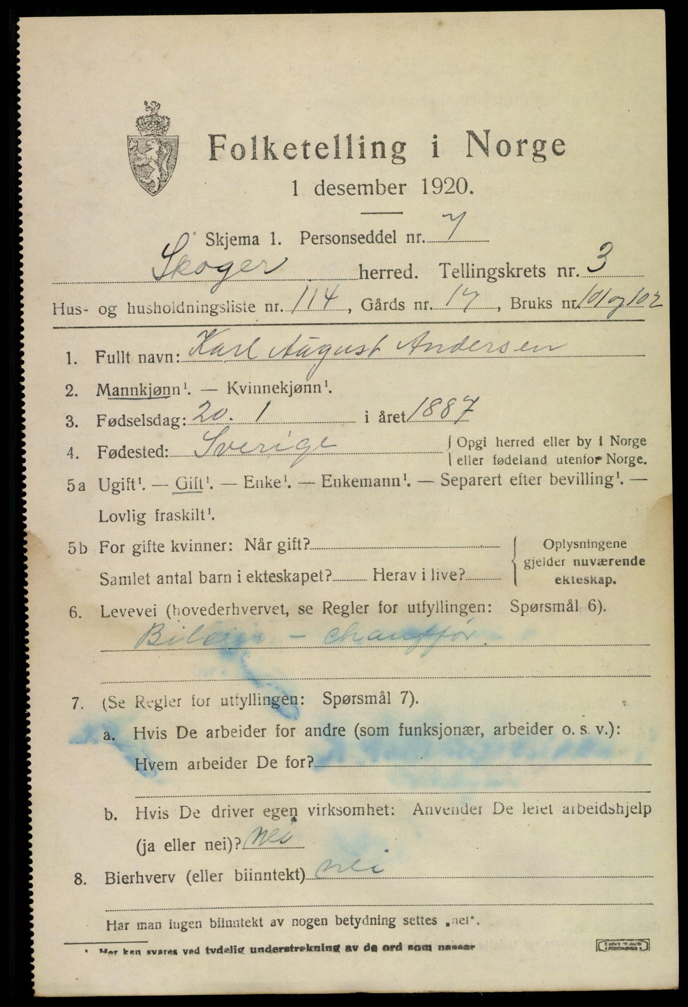 SAKO, Folketelling 1920 for 0712 Skoger herred, 1920, s. 9295