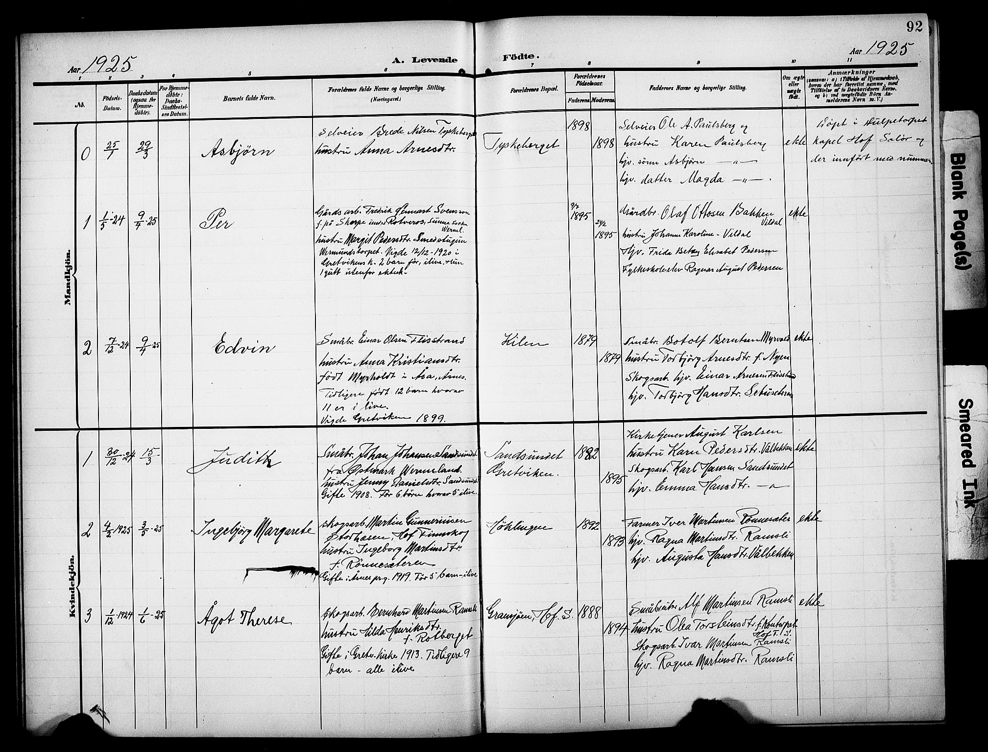 Åsnes prestekontor, AV/SAH-PREST-042/H/Ha/Hab/L0006: Klokkerbok nr. 6, 1903-1929, s. 92