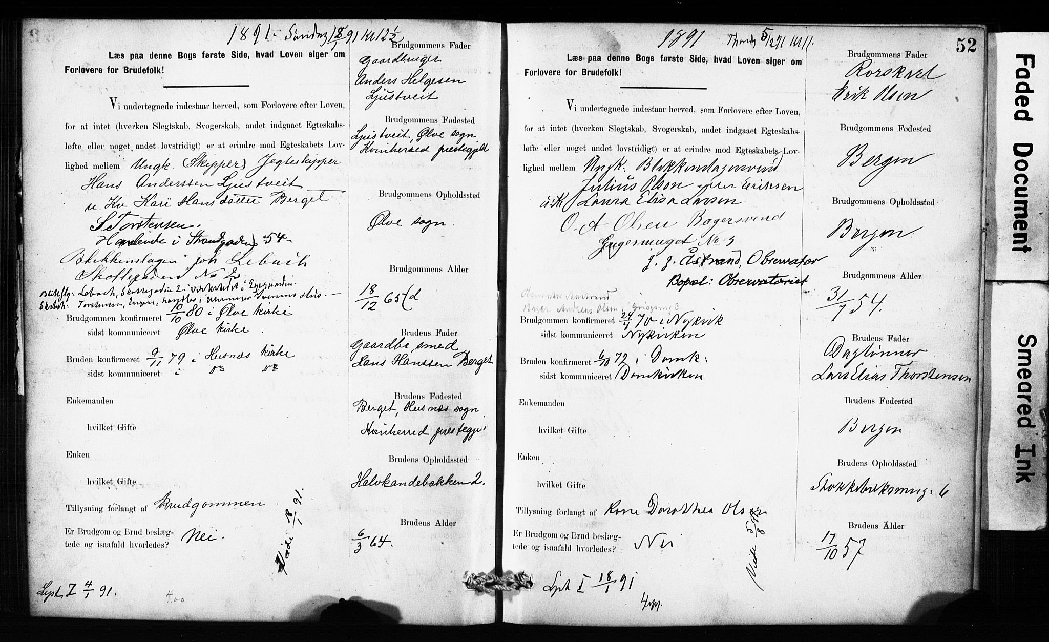 Domkirken sokneprestembete, SAB/A-74801: Forlovererklæringer nr. II.5.10, 1890-1899, s. 52