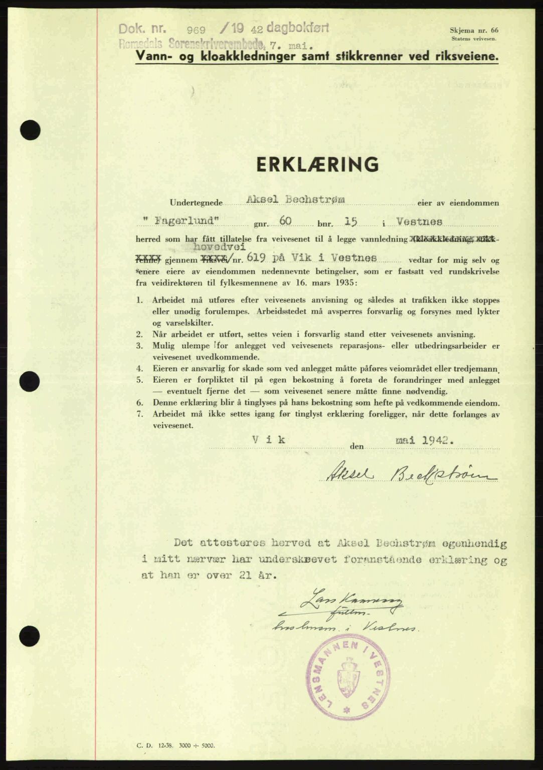 Romsdal sorenskriveri, SAT/A-4149/1/2/2C: Pantebok nr. A12, 1942-1942, Dagboknr: 969/1942