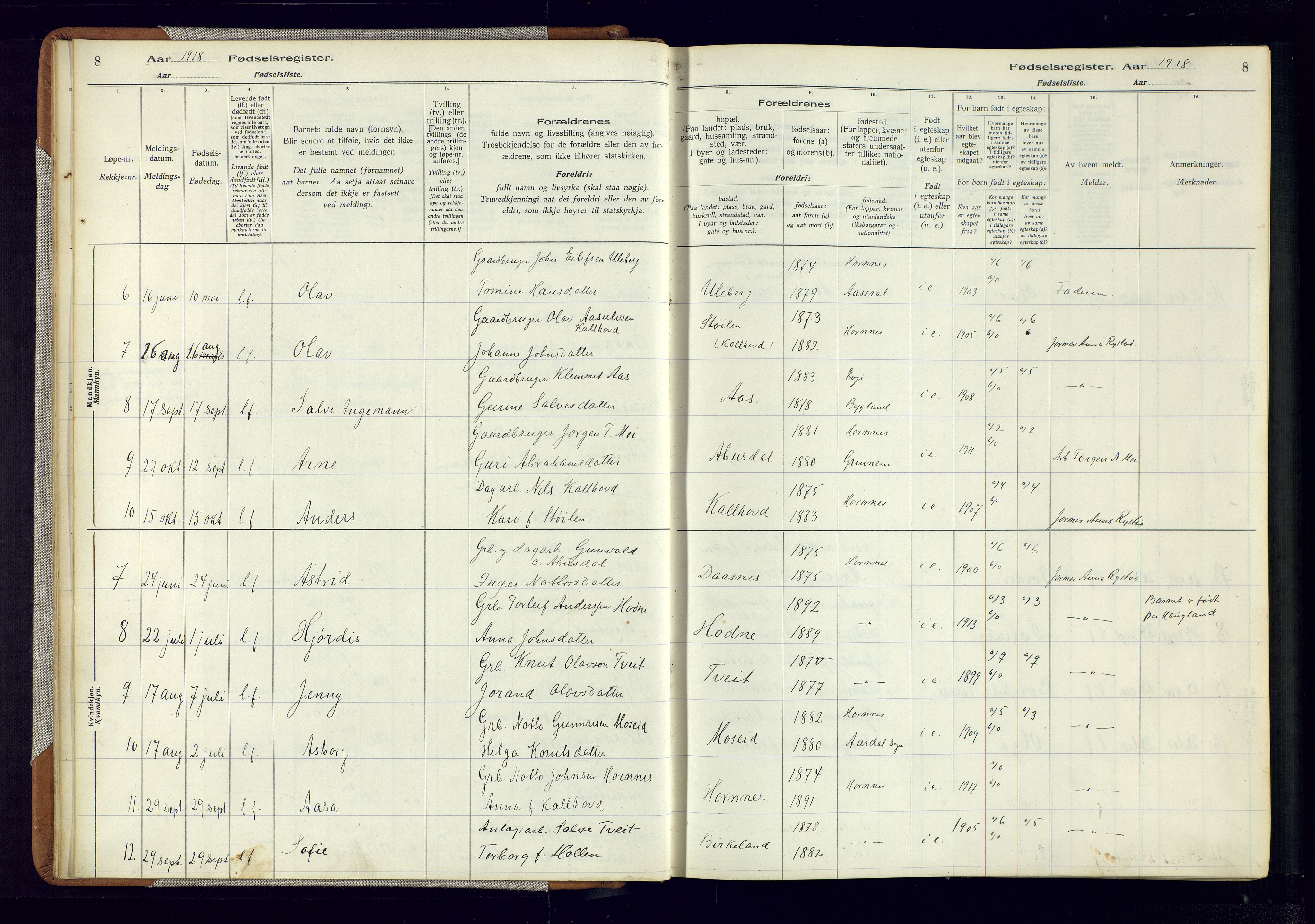 Evje sokneprestkontor, AV/SAK-1111-0008/J/Jc/L0006: Fødselsregister nr. 6, 1916-1982, s. 8