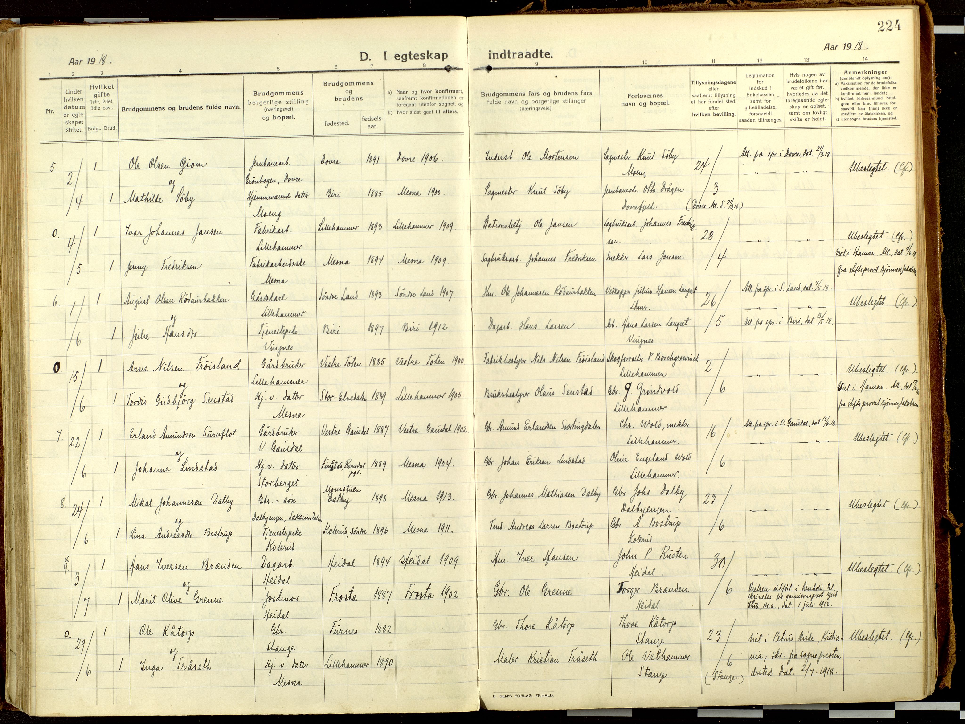 Fåberg prestekontor, AV/SAH-PREST-086/H/Ha/Haa/L0013: Ministerialbok nr. 13, 1913-1928, s. 224