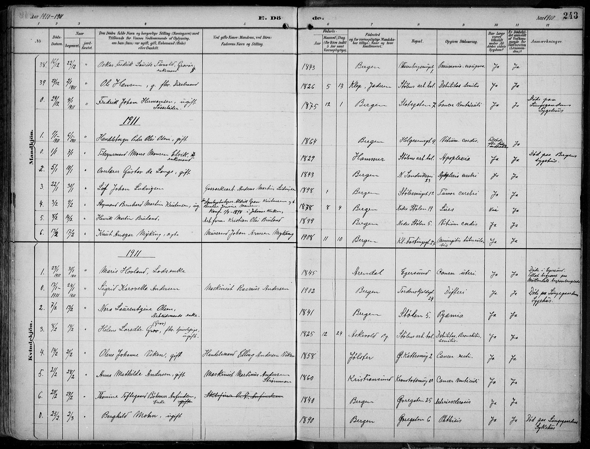 Mariakirken Sokneprestembete, AV/SAB-A-76901/H/Hab/L0005: Klokkerbok nr. A 5, 1893-1913, s. 243